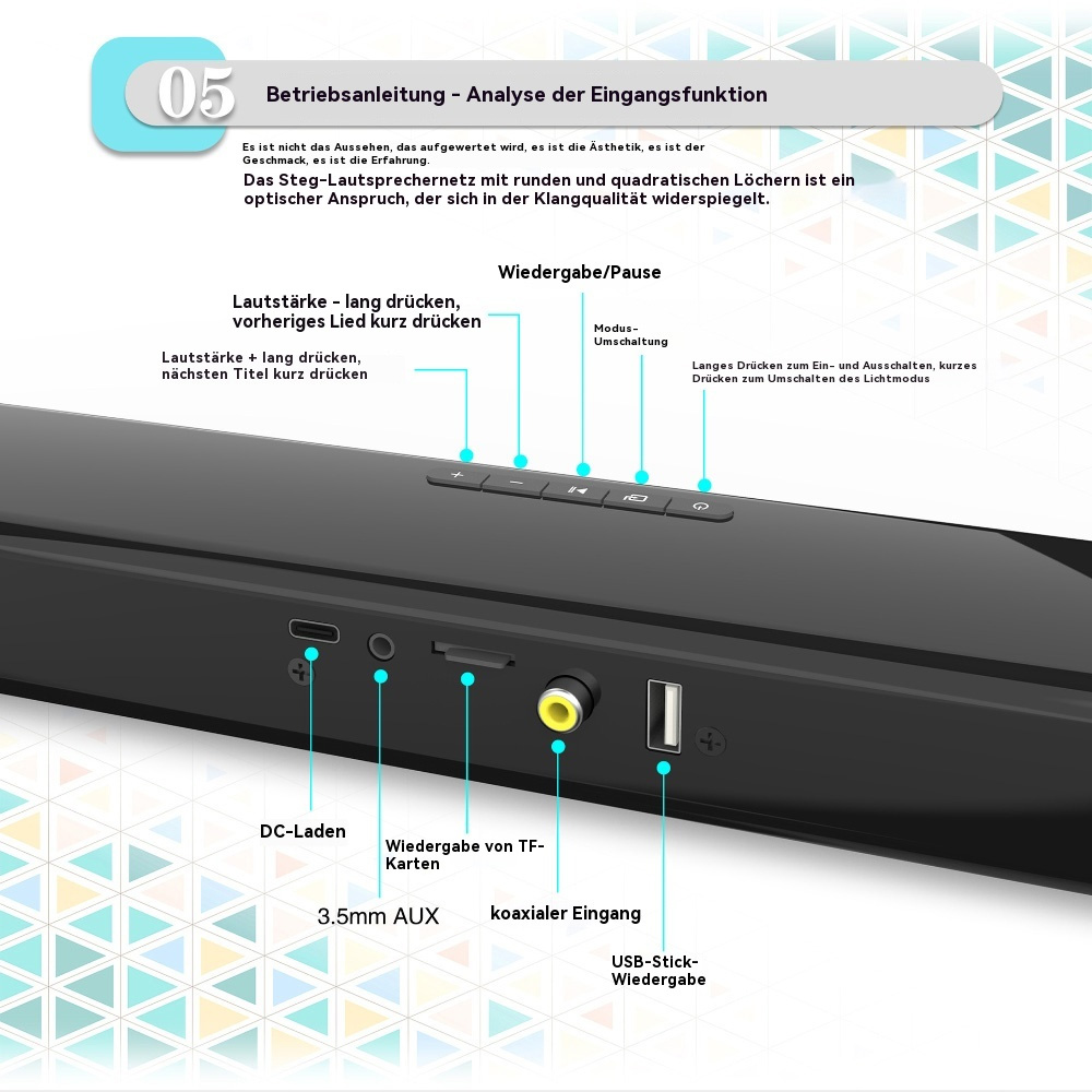 Soundbar-Detail mit Bedienelementen und Anschlüssen.