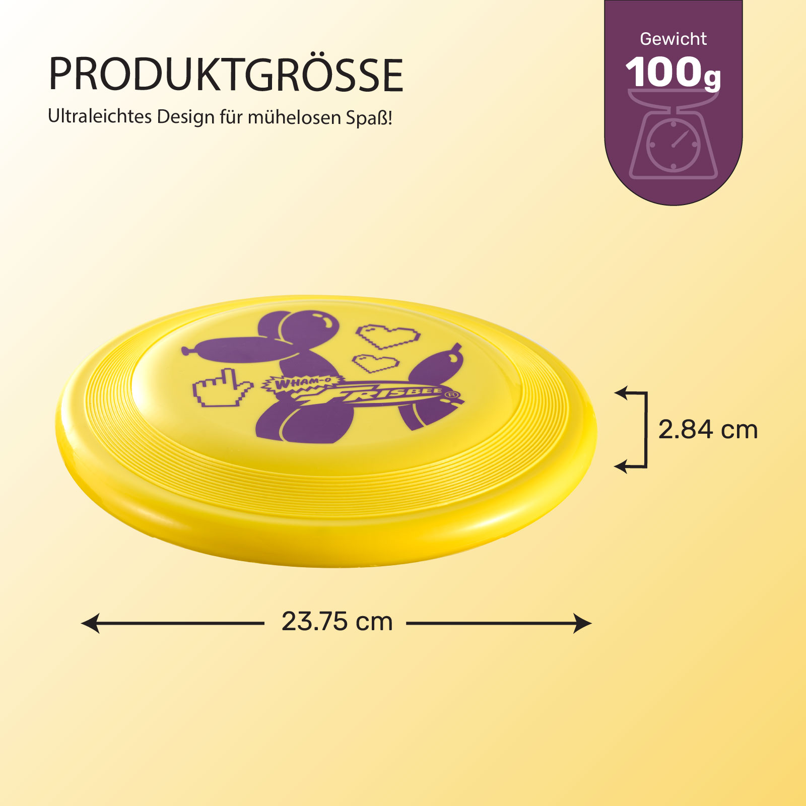 Eine gelbe Frisbee mit einer lila Grafik eines Ballonhundes. Abmessungen sind gezeigt.