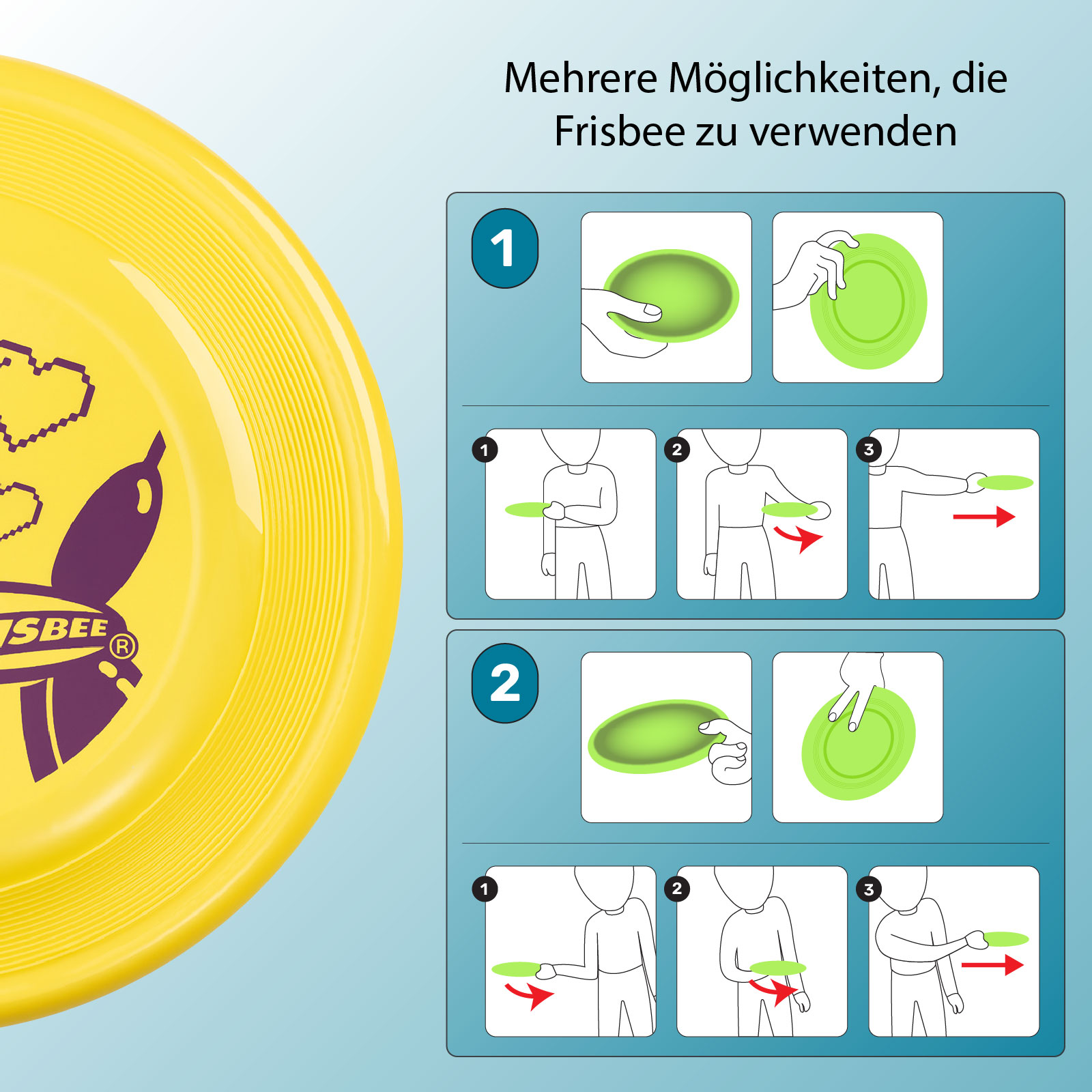 Anweisungen zur Verwendung einer Frisbee. Verschiedene Wurftechniken werden gezeigt.