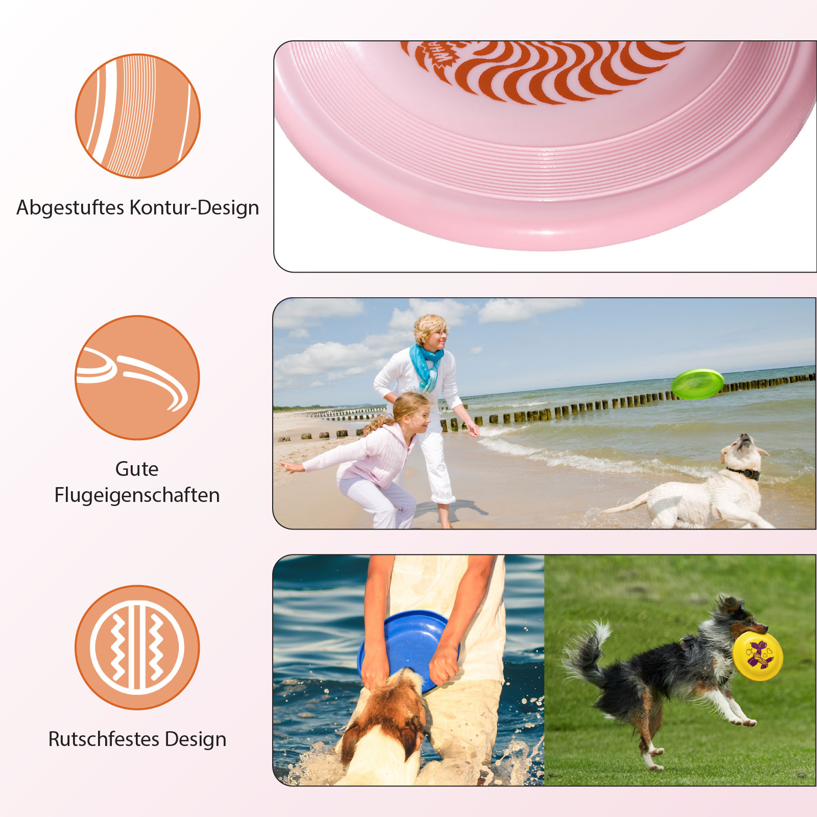 Nahaufnahme einer rosa Frisbee mit Details und zwei Szenen von Menschen mit Frisbees.