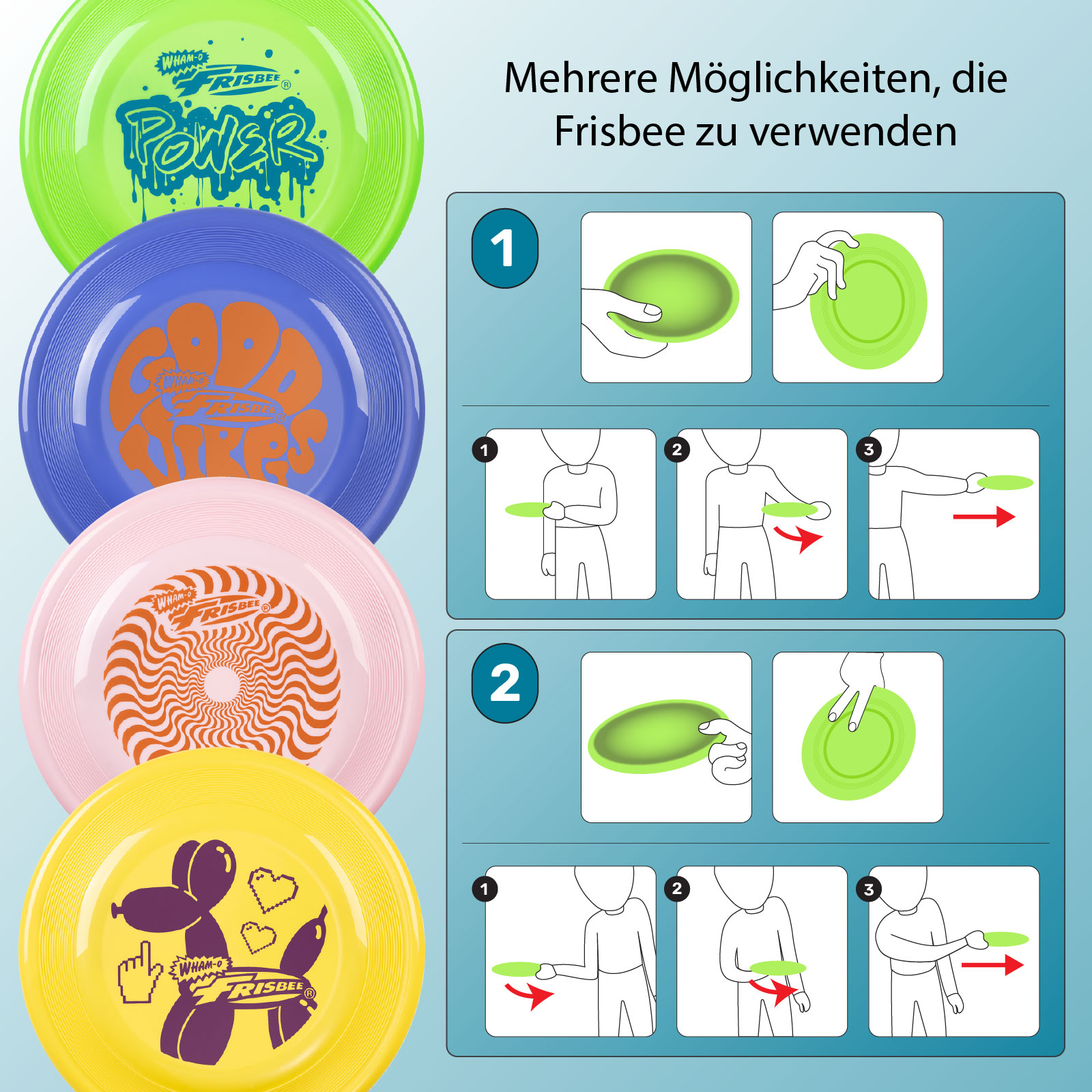 Frisbees in verschiedenen Farben. Anweisungen zur Verwendung auf verschiedene Arten.