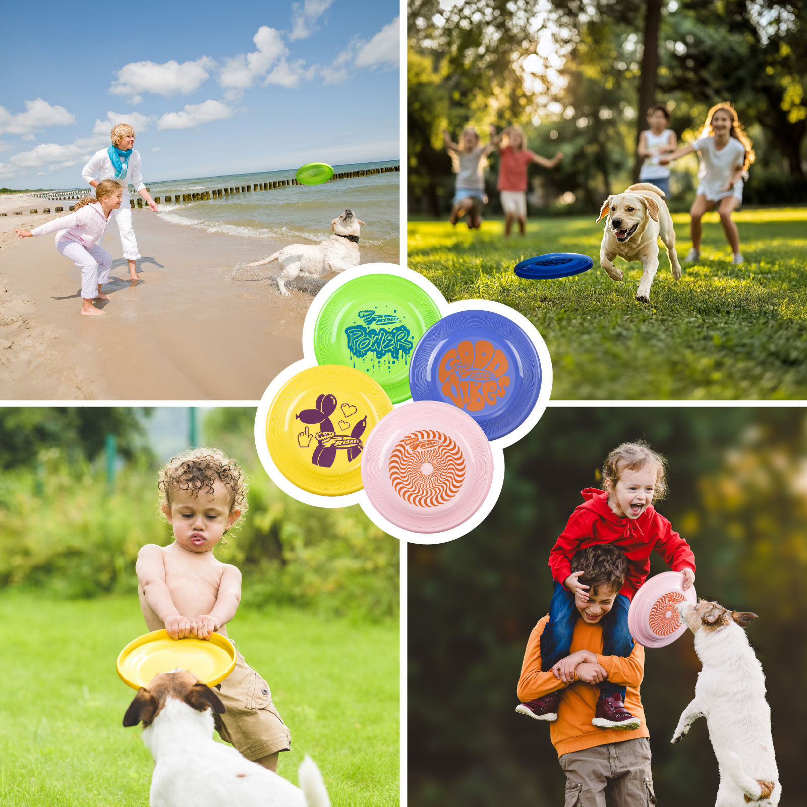 Mehrere Bilder von Menschen, die im Freien mit Frisbees spielen.