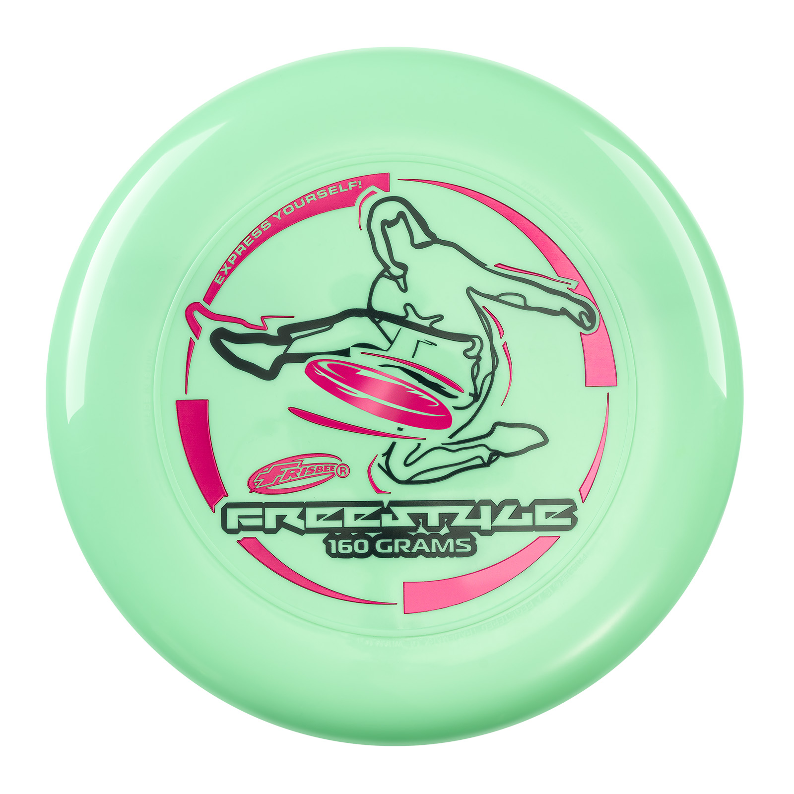 Frisbee verde con un design rosa e nero di una figura, e le parole 'FREESTYLE' e '160 GRAMMI'.