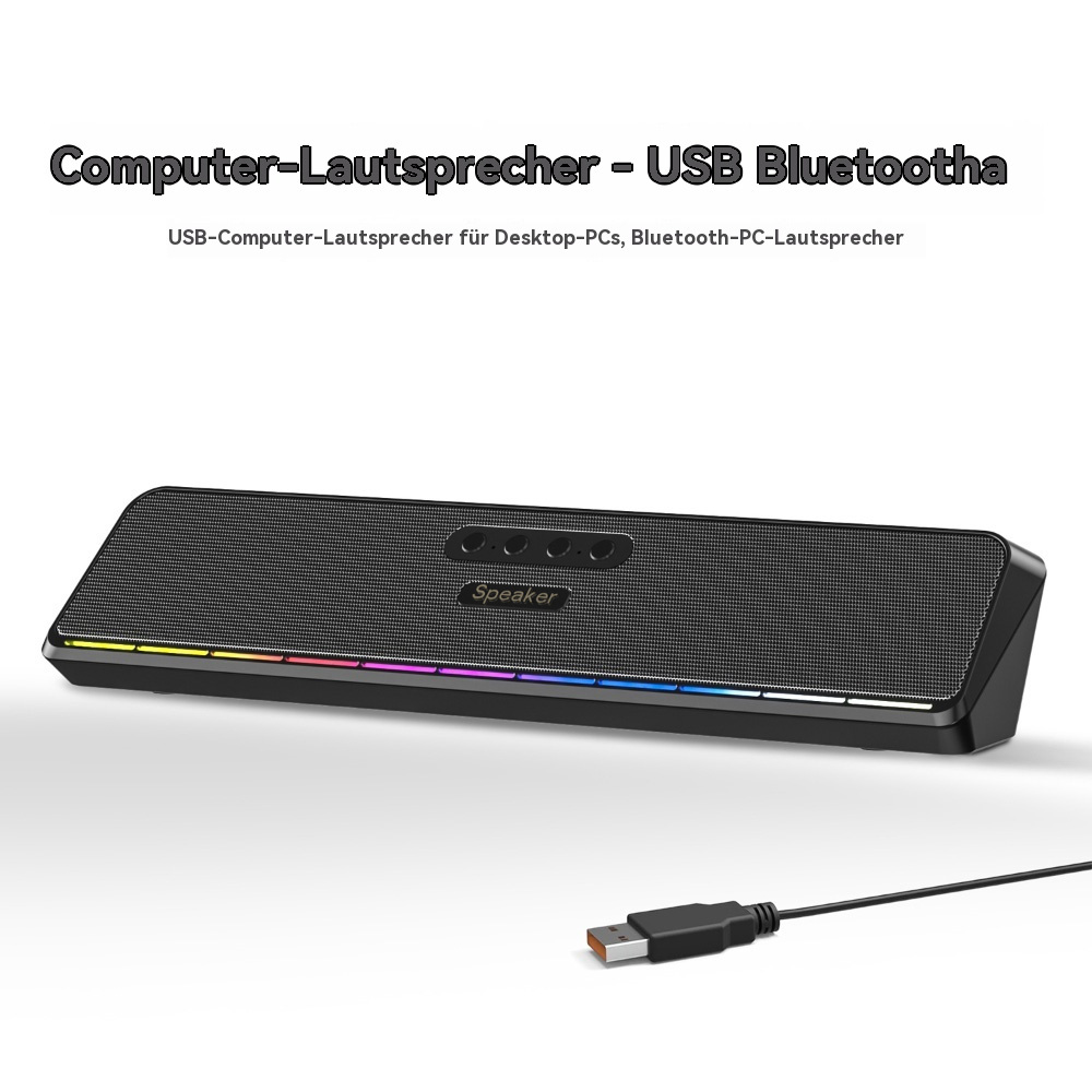 Ein schwarzer Lautsprecher mit USB-Anschluss, mit bunten Lichtern am Boden, auf weißer Oberfläche.