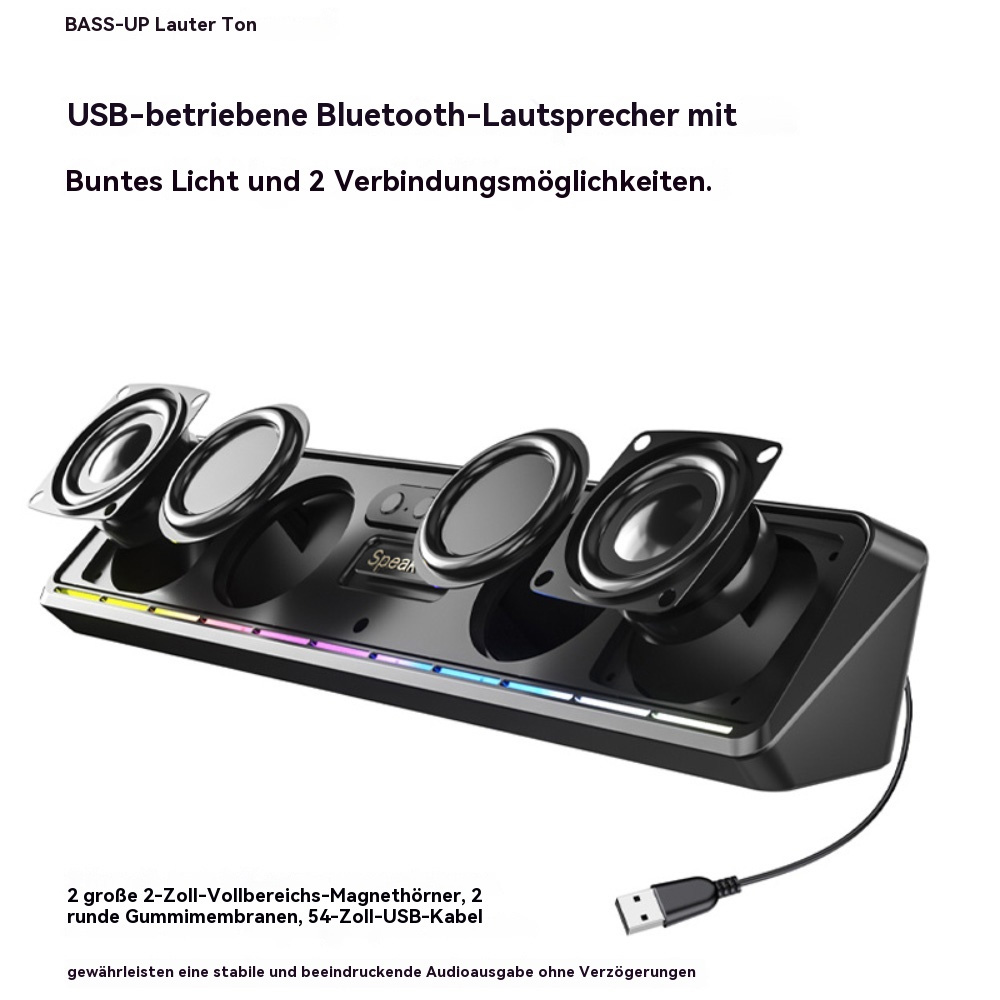 Soundbar mit Lautsprechern, USB-Kabel und bunten Lichtern. Text zeigt USB-betriebenes Bluetooth und Verbindungsoptionen.