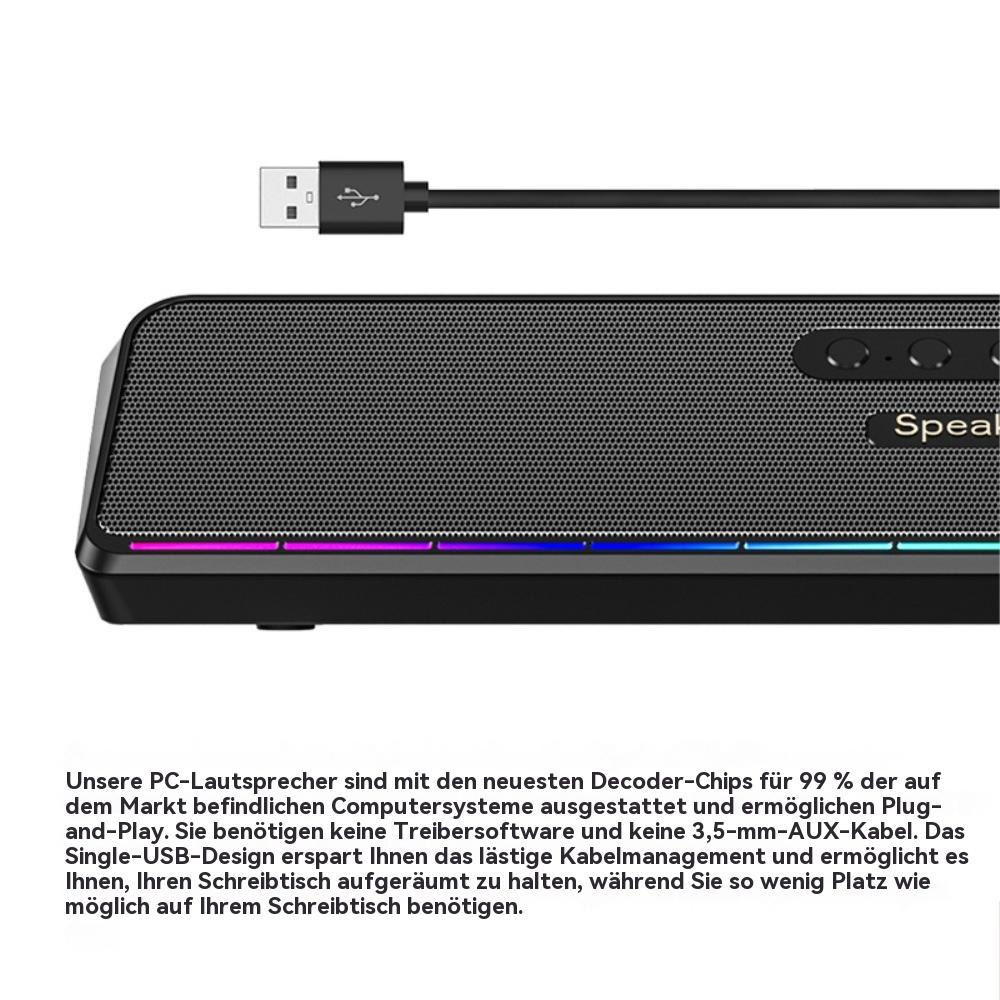 Schwarze Soundbar mit USB-Kabel, Produktdetails und Text über den Lautsprecher.