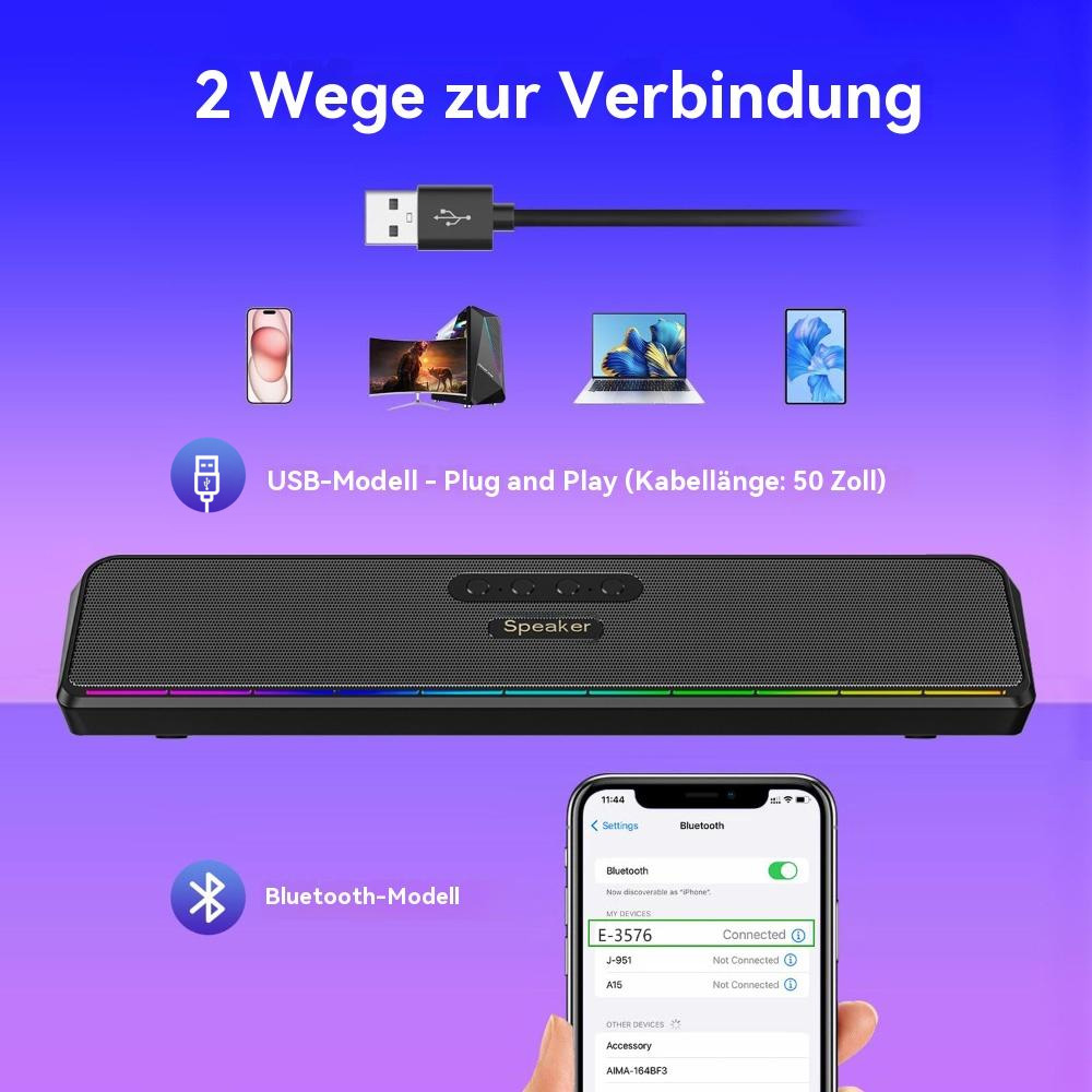 Eine Soundbar mit USB-Kabel, verbunden mit verschiedenen Geräten. Ein Telefon zeigt Bluetooth-Einstellungen.