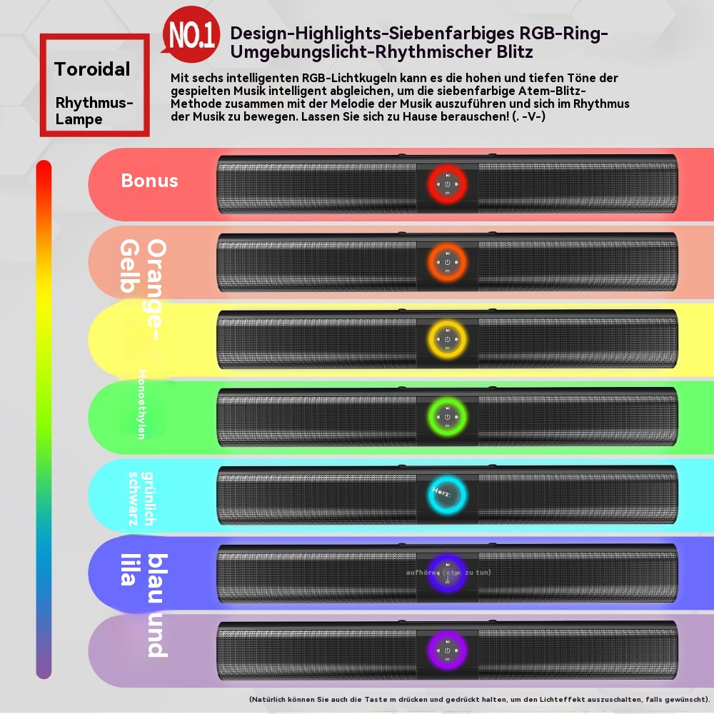 Ein Lautsprecher mit mehrfarbigen LEDs, mit Text- und Farbbeschreibungen, von Rot bis Lila, die verschiedene Modi anzeigen.