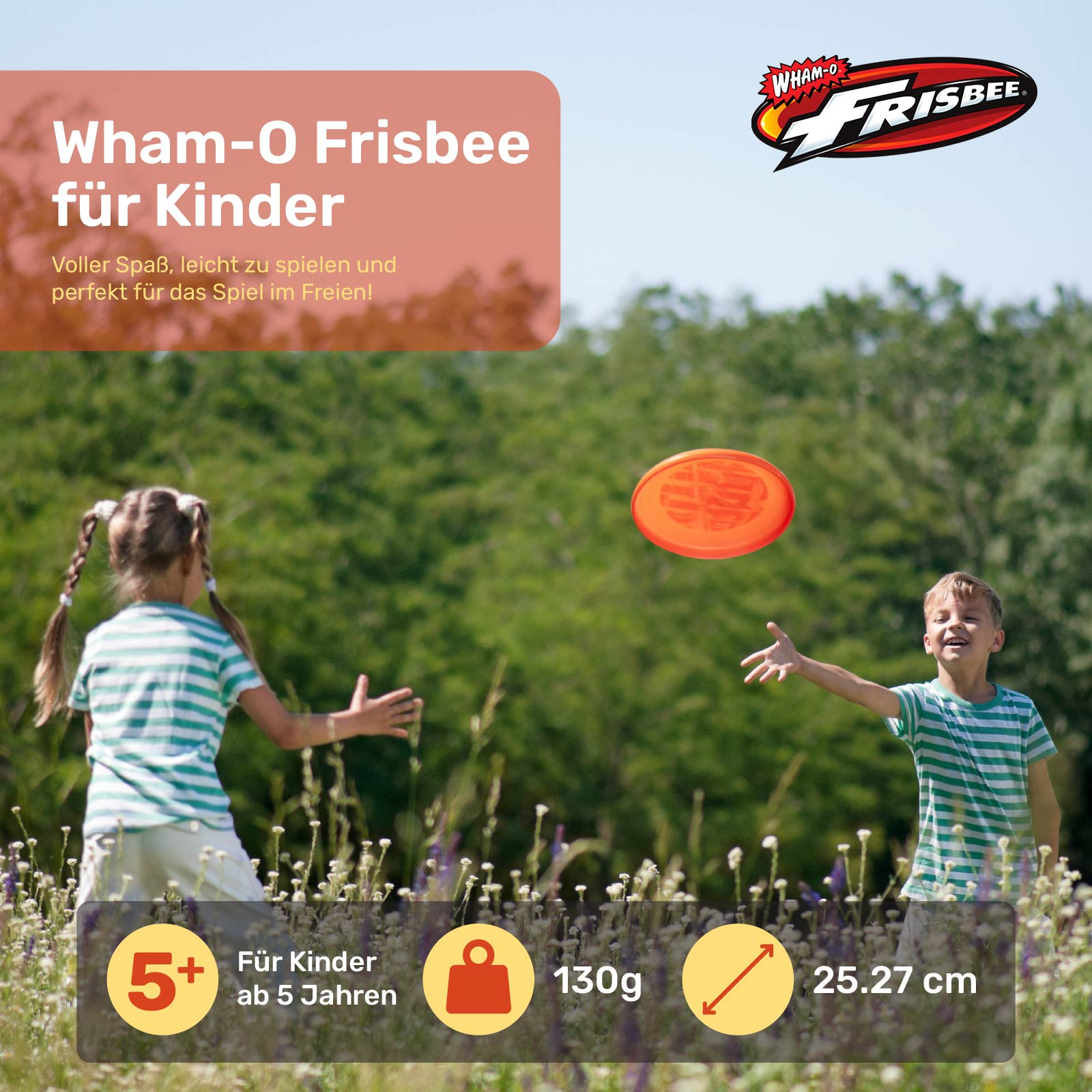 Zwei Kinder werfen eine orangefarbene Frisbee. Text weist darauf hin, dass es für Kinder ab 5 Jahren geeignet ist.