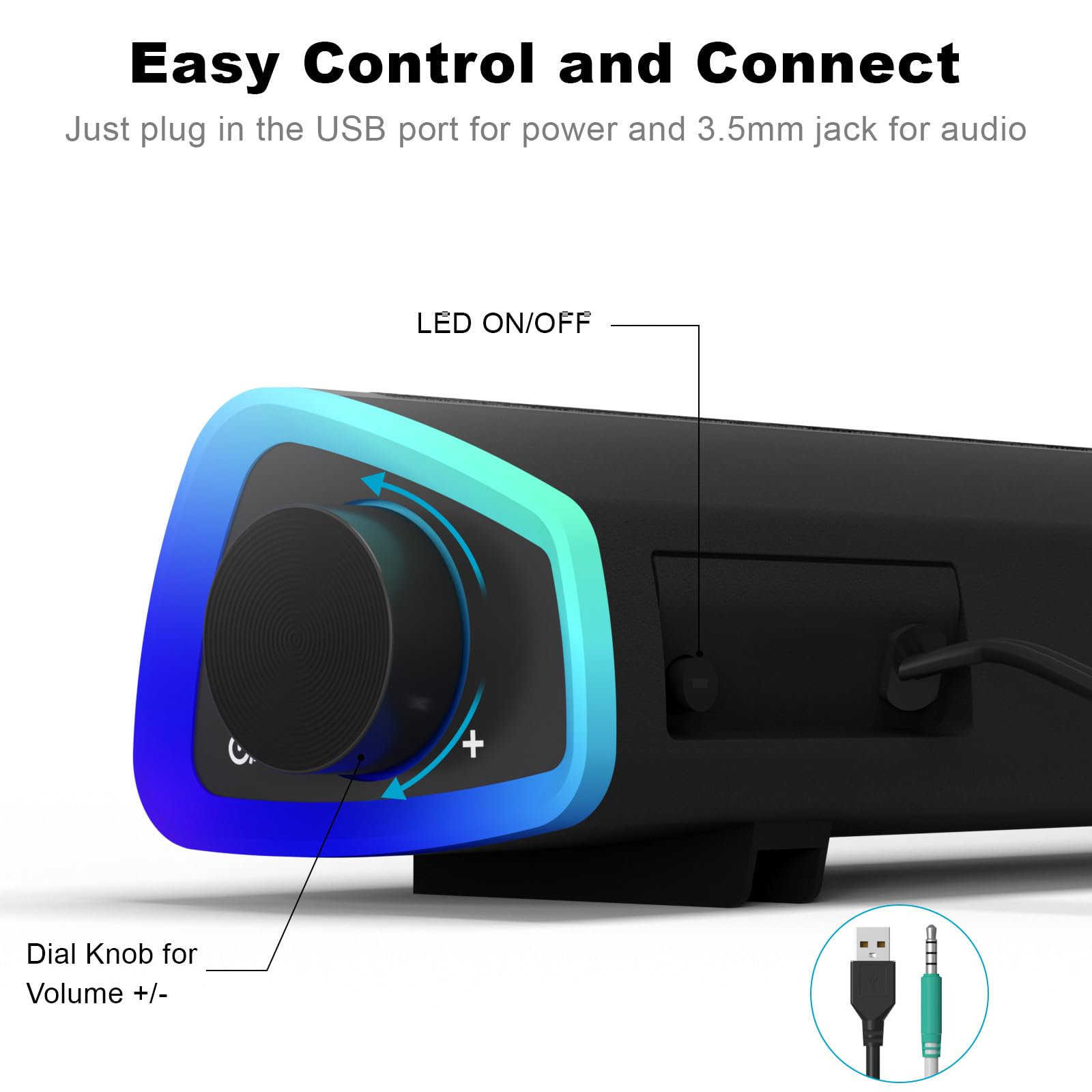 Nahaufnahme eines Lautsprechers mit Drehregler für die Lautstärke und LED Ein/Aus-Taste, mit USB- und 3,5-mm-Buchse.