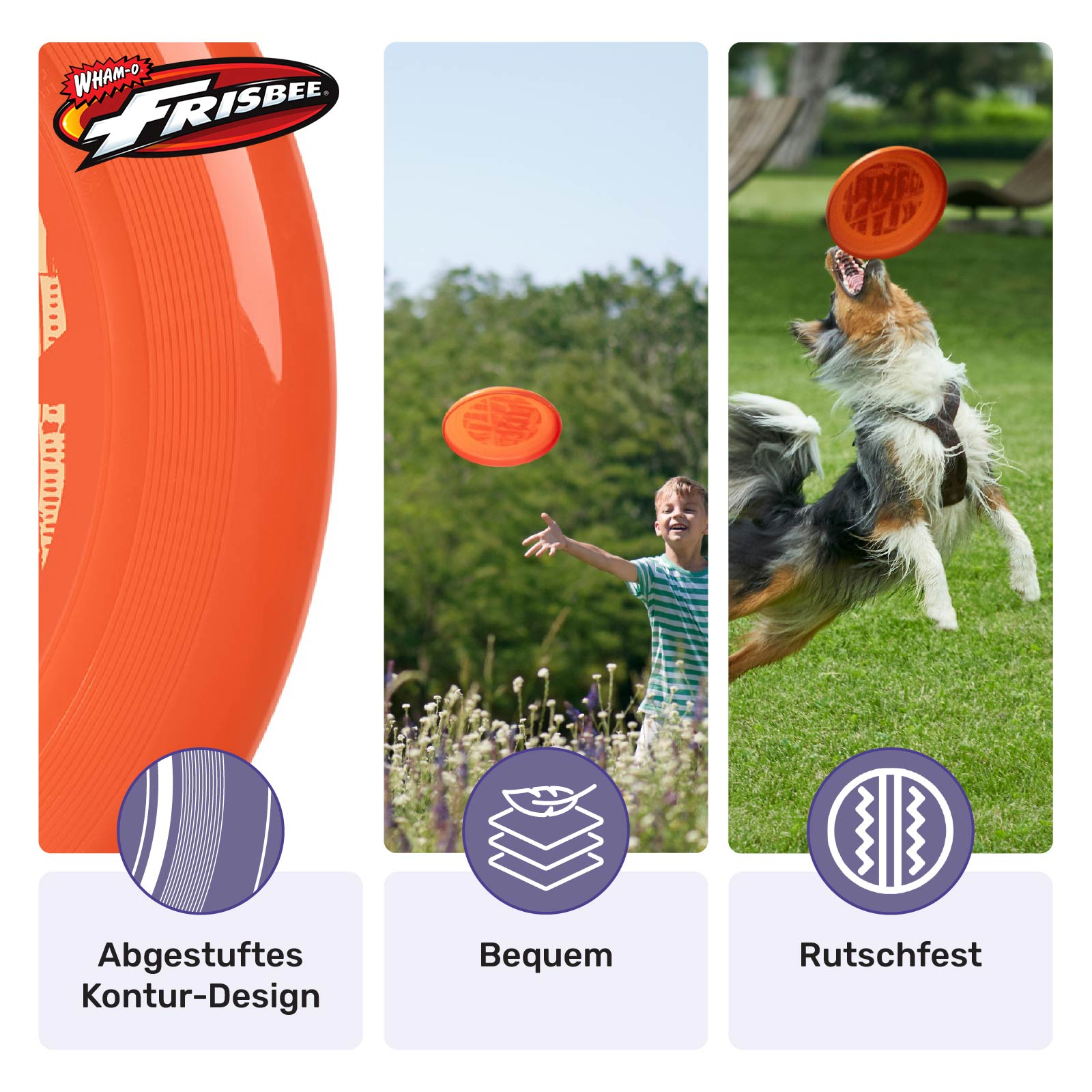 Drei Bilder einer orangefarbenen Frisbee, eine Nahaufnahme, eine im Flug, eine von einem Hund gefangen.