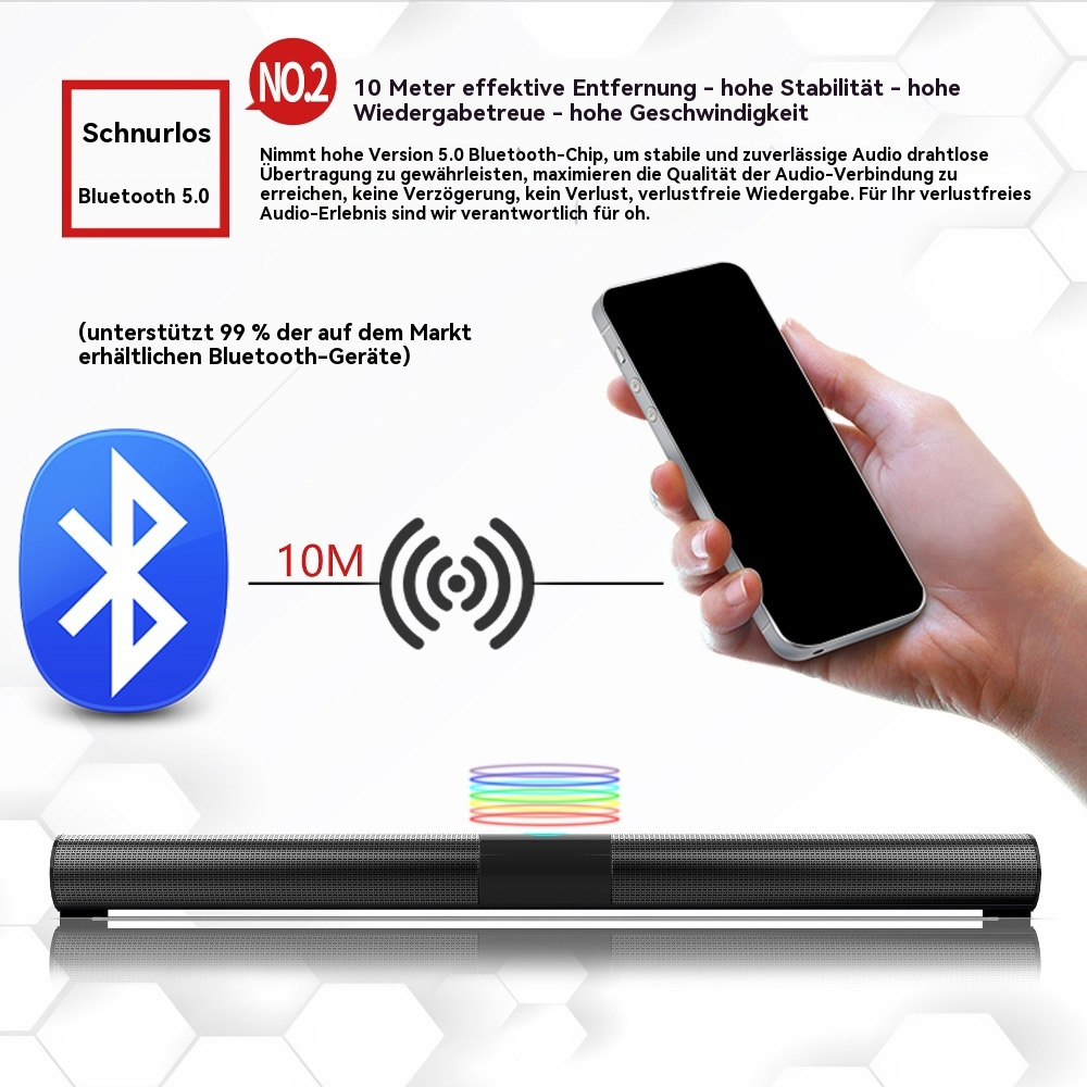 Bild einer Soundbar und eines Telefons. Zeigt eine Bluetooth-Verbindung und eine effektive Reichweite von 10 m.