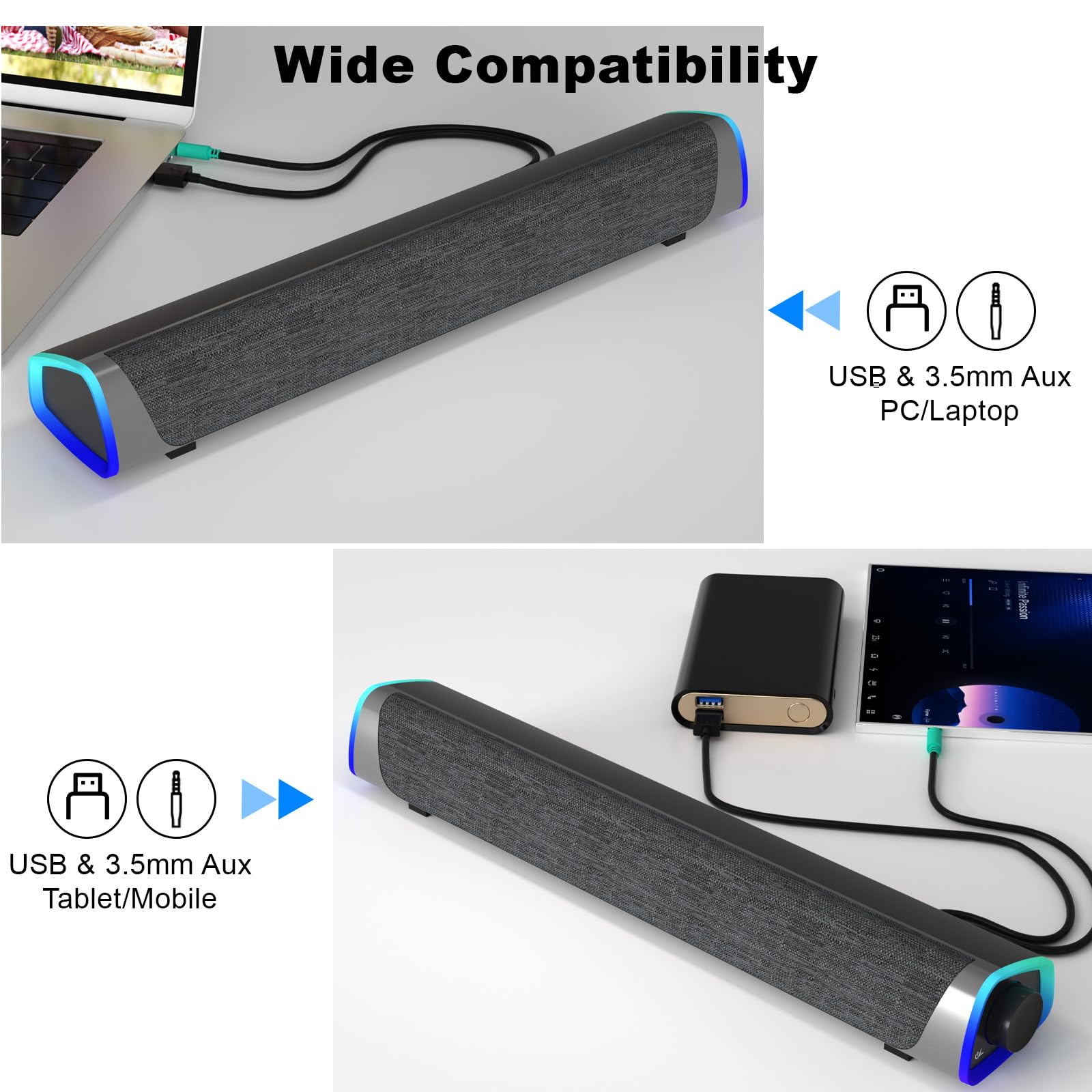 Zwei Lautsprecher-Setups, eines mit Laptop und eines mit Tablet/Mobilgerät, alle über USB und 3,5-mm-Aux verbunden.