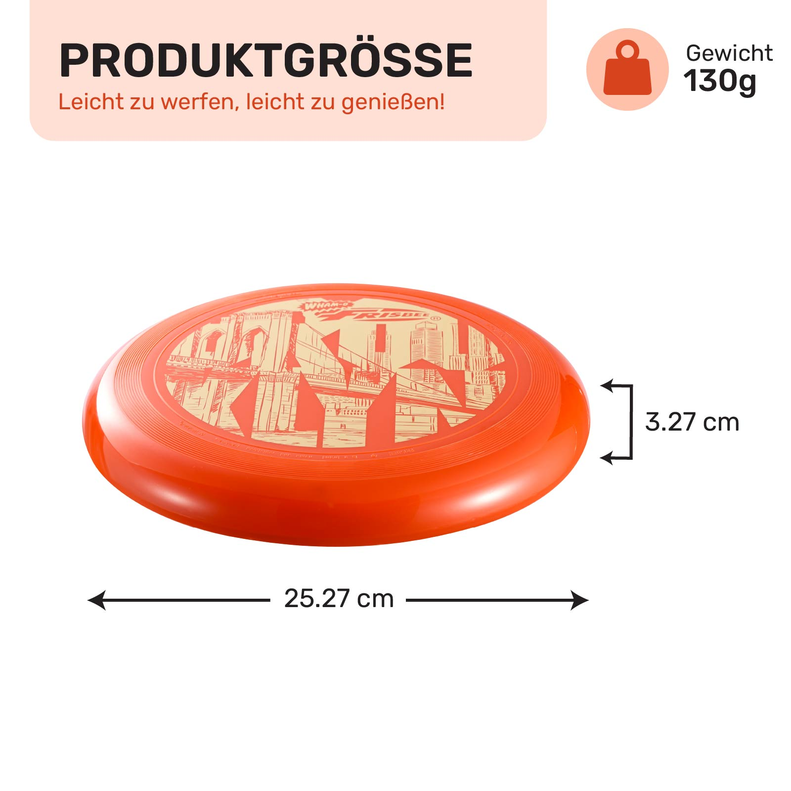 Orange Frisbee mit Grafikdruck, Abmessungen gezeigt.
