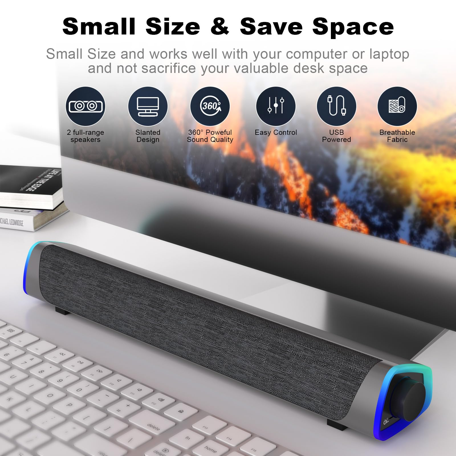 Ein Lautsprecher neben einer Tastatur und einem Monitor, mit Symbolen, die Funktionen wie 360-Sound und USB-Stromversorgung anzeigen.