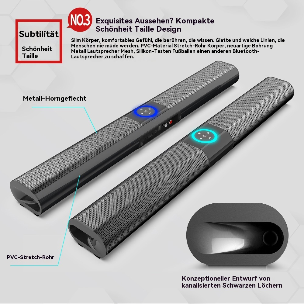 Zwei schwarze Soundbars mit blauen Lichtern. Text erwähnt Design und Materialien.