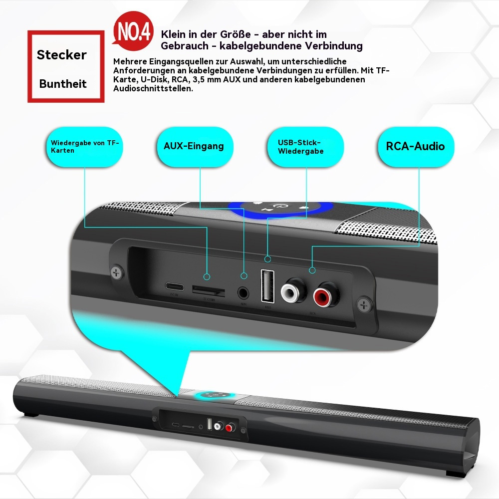 Ein Lautsprecher mit Eingangsanschlüssen für TF-Karte, AUX, USB und RCA-Audio. Blaues Licht zeigt die Stromversorgung an.