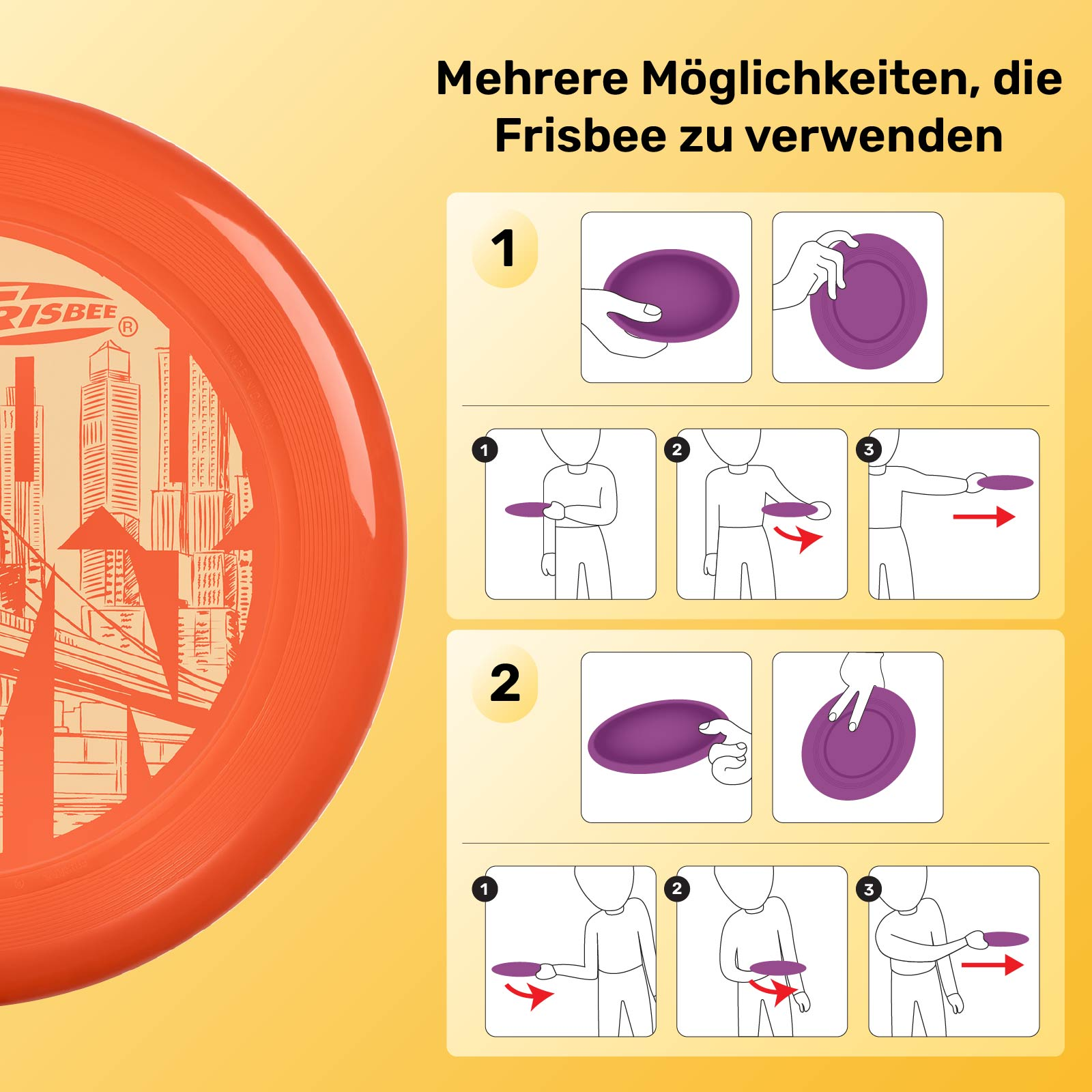 Eine orangefarbene Frisbee mit Stadtbilddesign und Anweisungen zur Verwendung. Diagramme zeigen Wurftechniken.