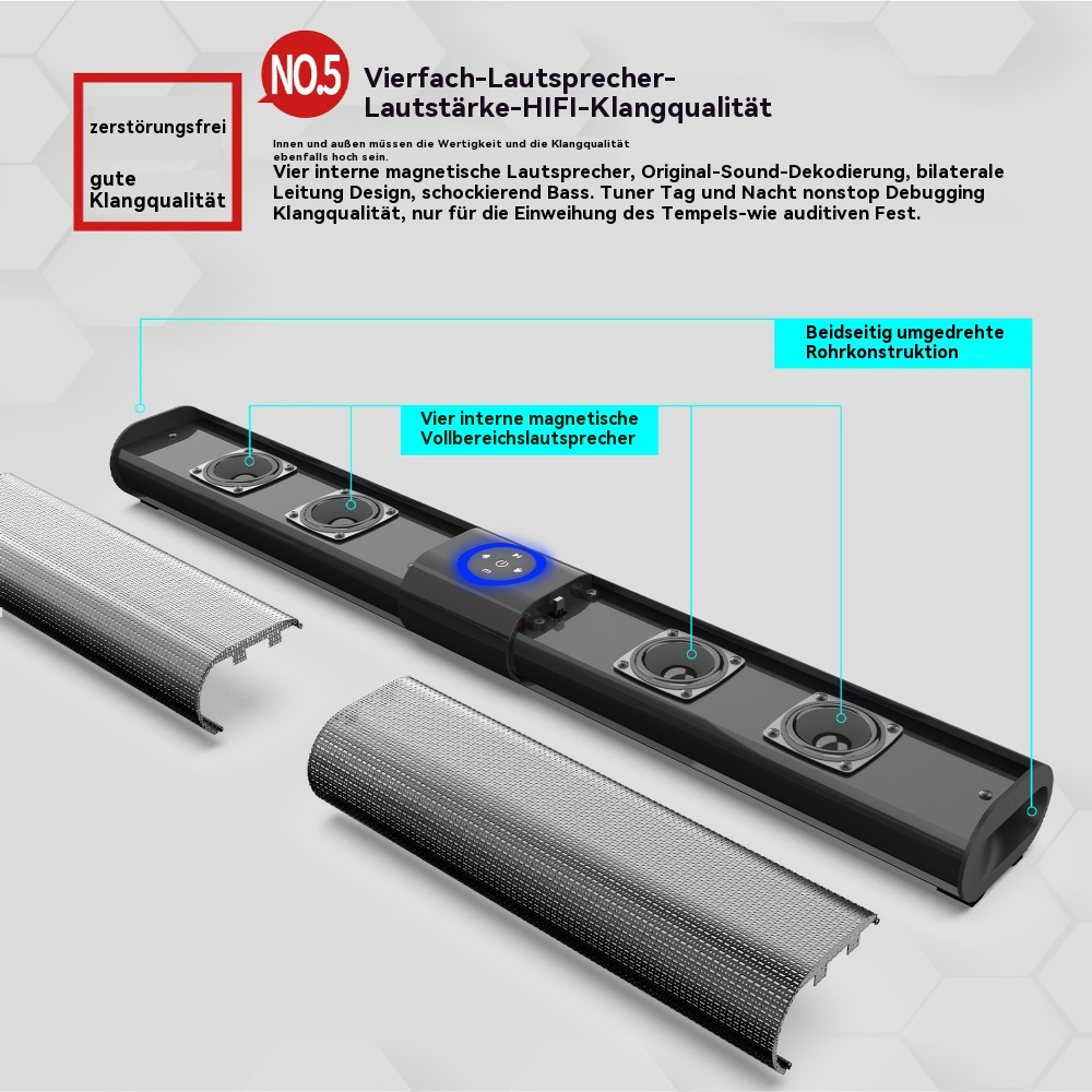 Explosionsansicht eines Lautsprechers, die seine inneren Komponenten zeigt, darunter vier magnetische Lautsprecher und ein Gehäuse.