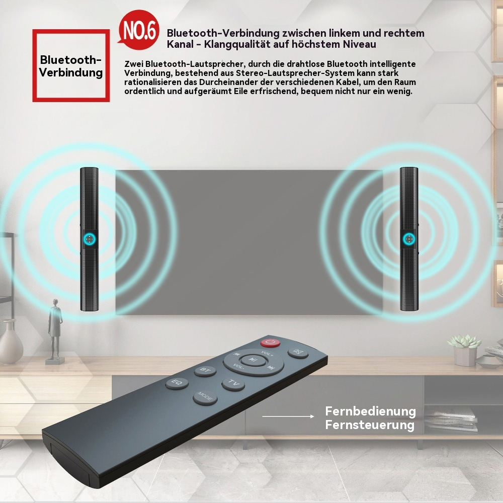 Zwei Lautsprecher auf beiden Seiten eines Fernsehers, mit einer Fernbedienung und Bluetooth-Verbindung dargestellt.