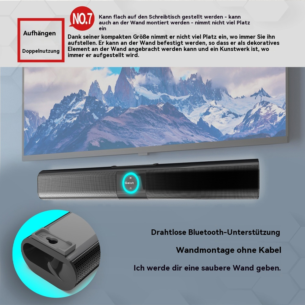 Eine Soundbar unter einem Fernseher, mit Text über Bluetooth und Wandmontage.