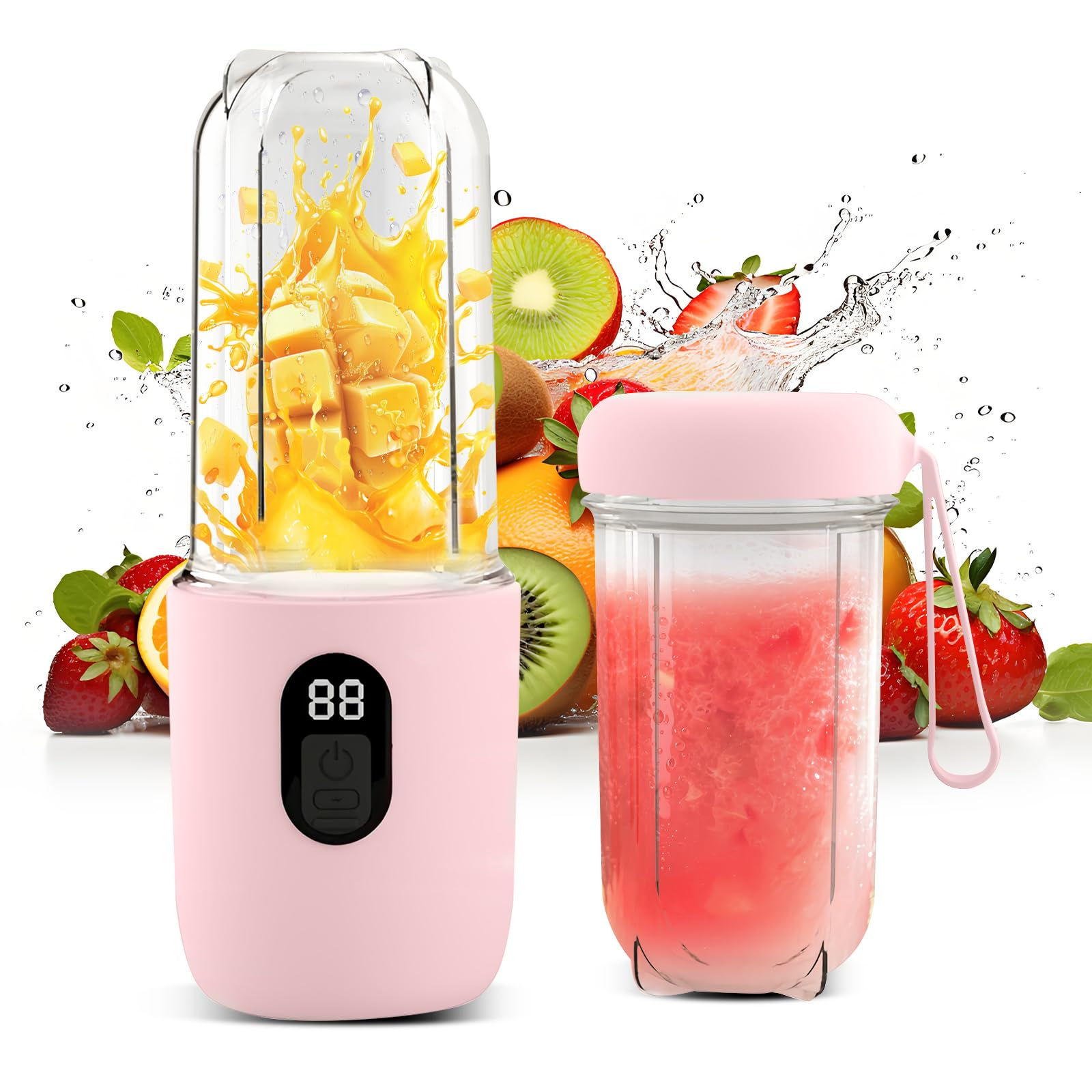 Rosa Mixer mit Früchten und ein Glas rosa Smoothie, mit Erdbeeren und Kiwi.