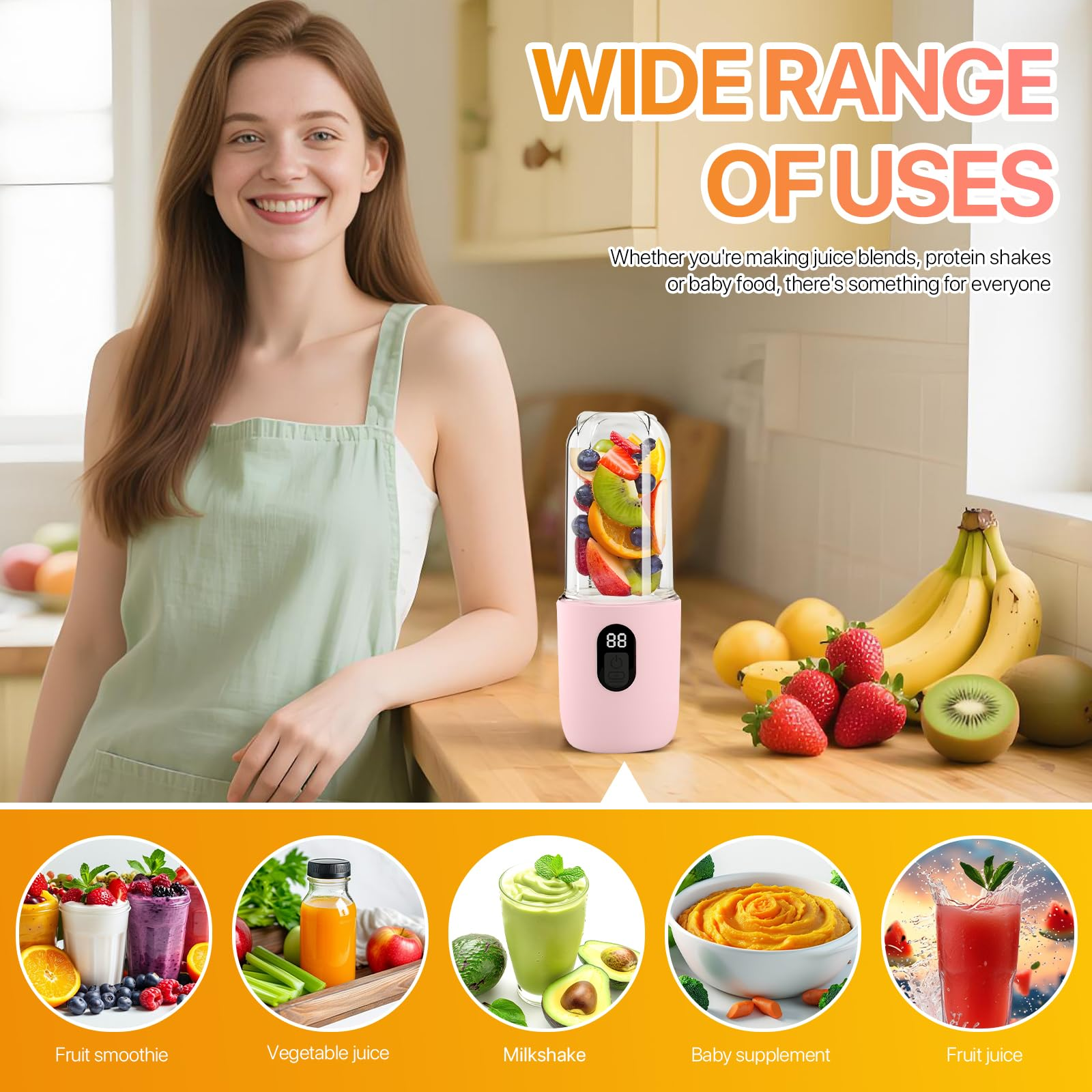 Eine Frau mit einem Mixer und Früchten. Der Mixer ist rosa. Es gibt Beispiele für Getränke.