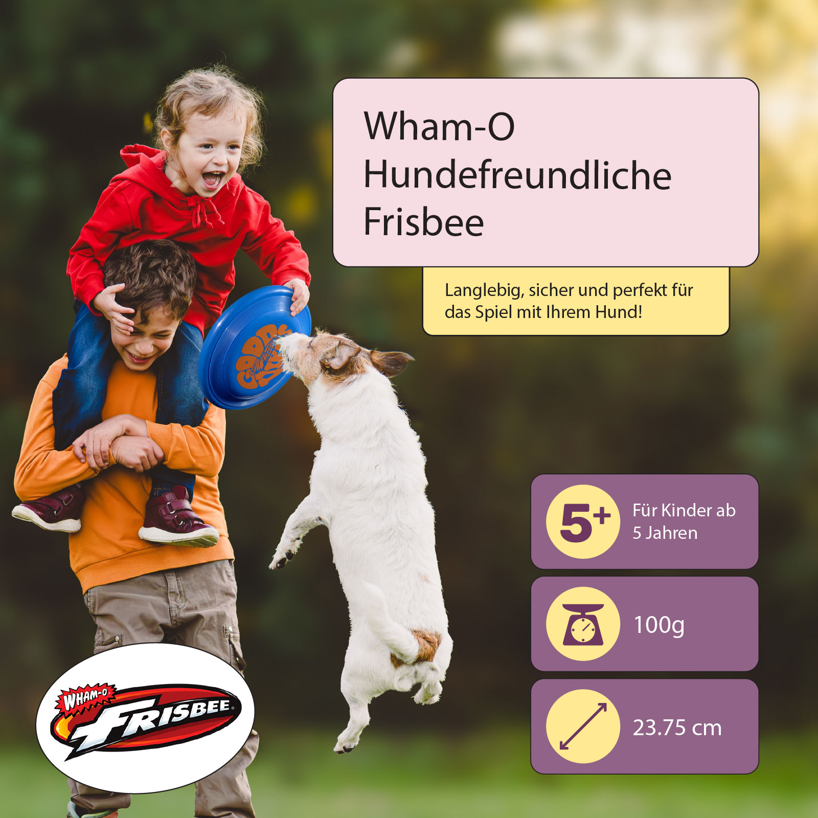 Zwei Kinder und ein Hund spielen mit einer blauen Frisbee. Text zu Produkteigenschaften.