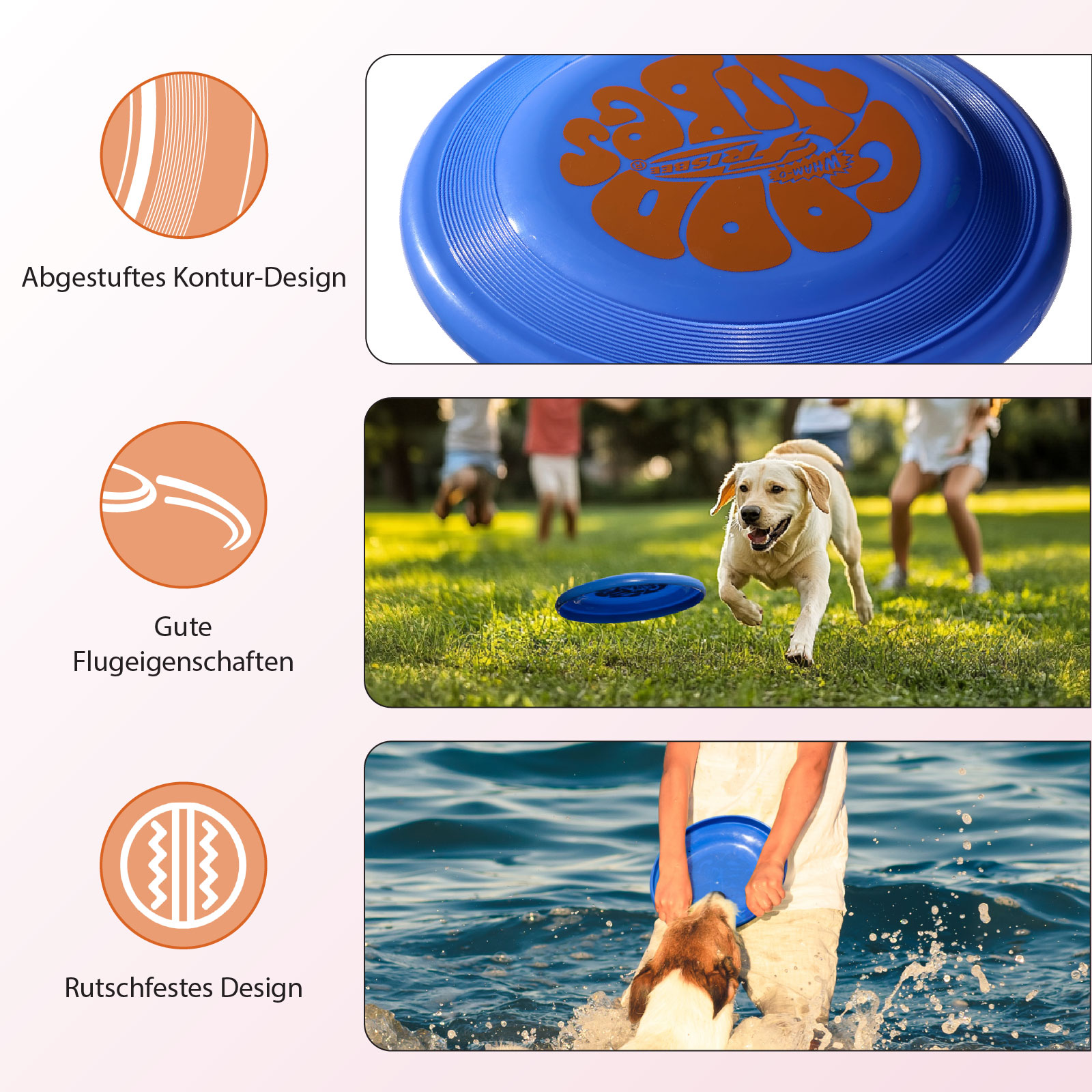 Diagramme und Fotos eines blauen Frisbees. Fotos zeigen Frisbee-Einsatz mit Hund und im Wasser.