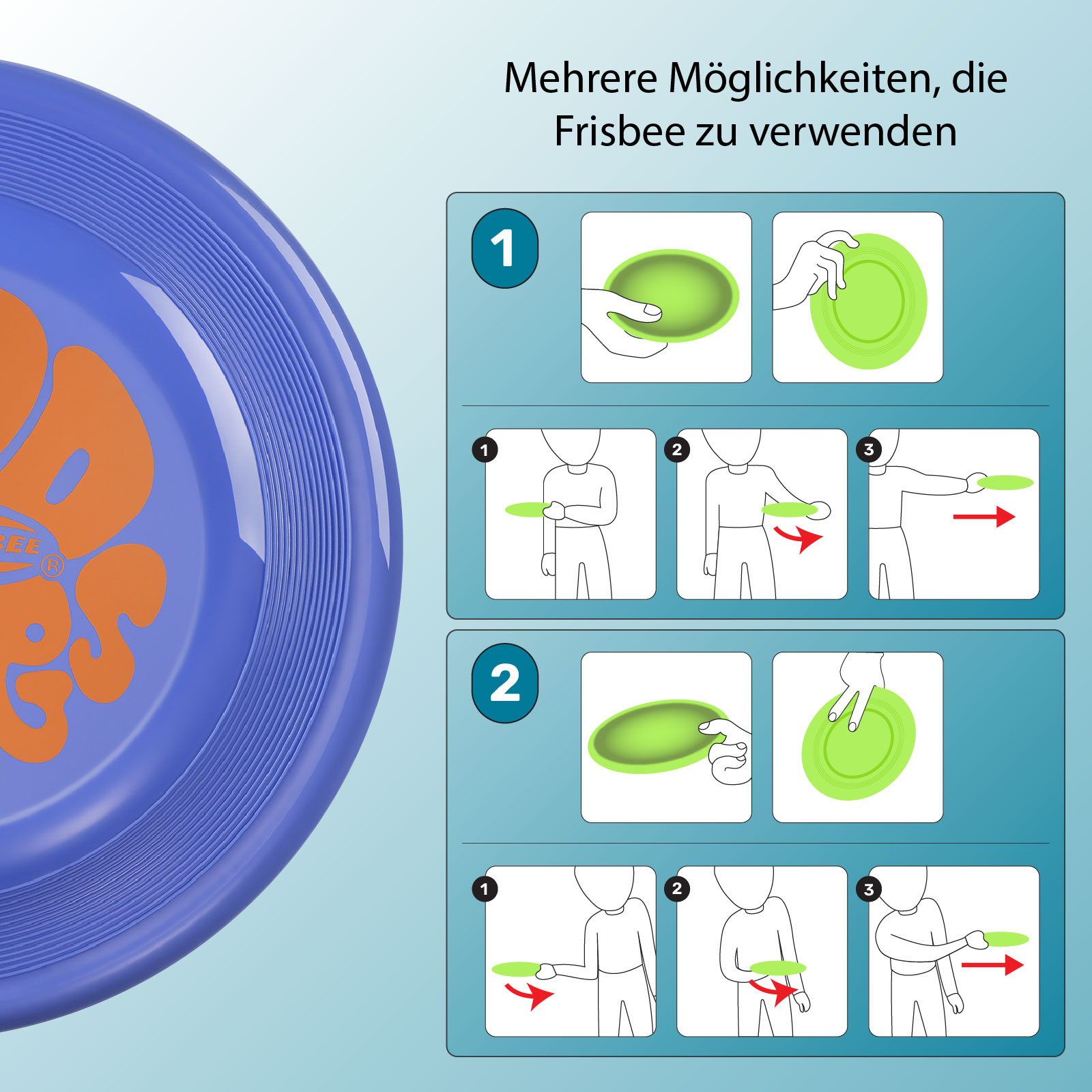 Eine blaue Frisbee mit einem Diagramm, das zeigt, wie man sie auf verschiedene Arten hält und wirft.