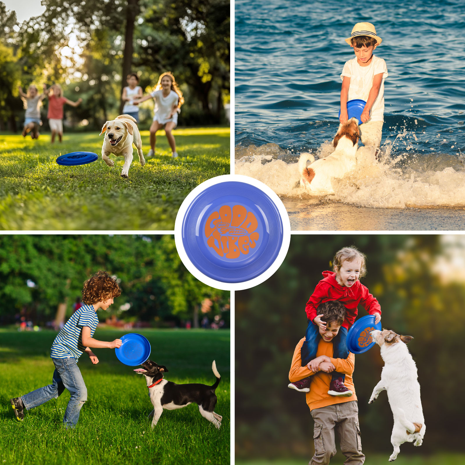 Mehrere Fotos von Leuten, die mit einem blauen Frisbee mit Hunden und Kindern spielen.