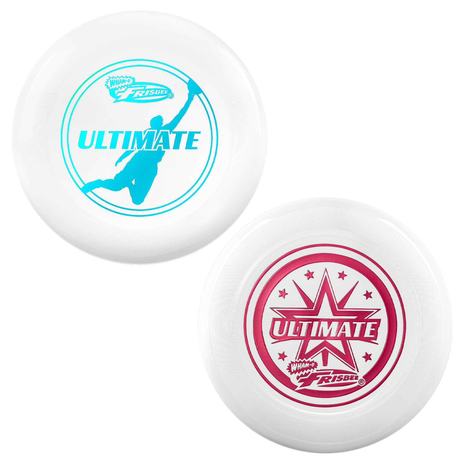 Due frisbee bianchi con loghi di colori diversi. Uno ha un logo blu, l'altro rosso.