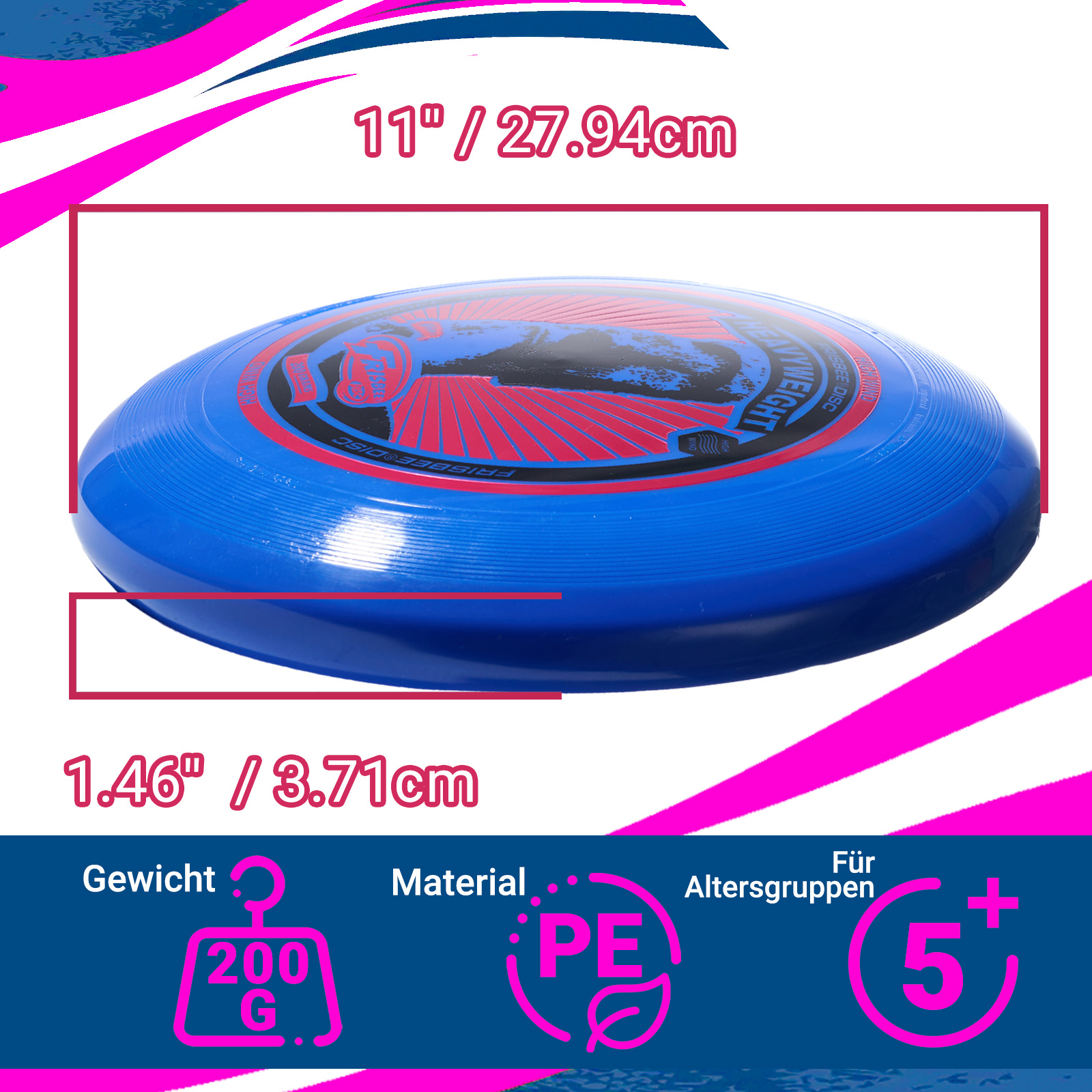 Frisbee blu con dettagli di misurazione e testo su peso, materiale e fascia d'età.