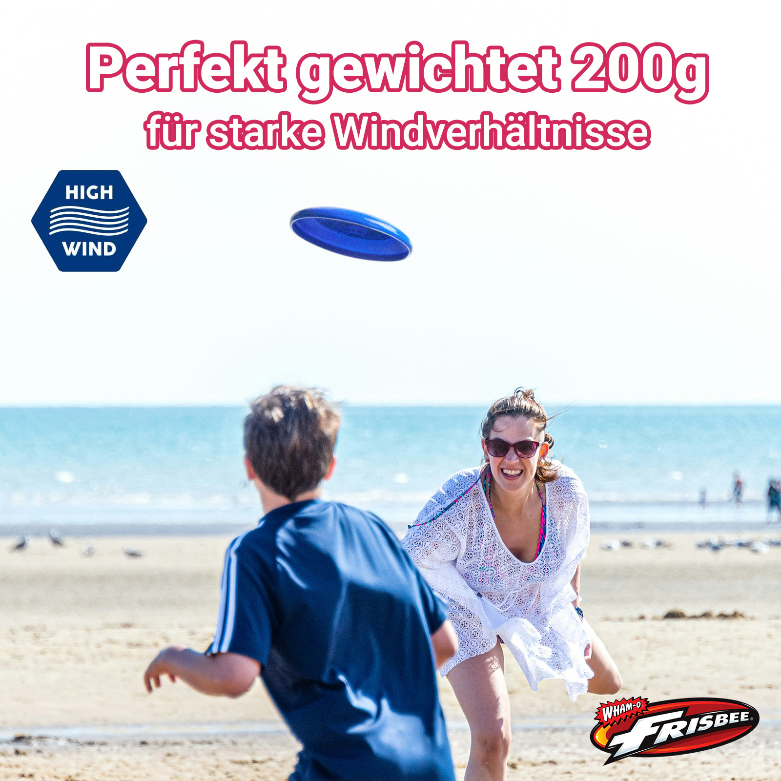 Una scena sulla spiaggia con un ragazzo che lancia un frisbee verso una donna. Testo sul vento forte.