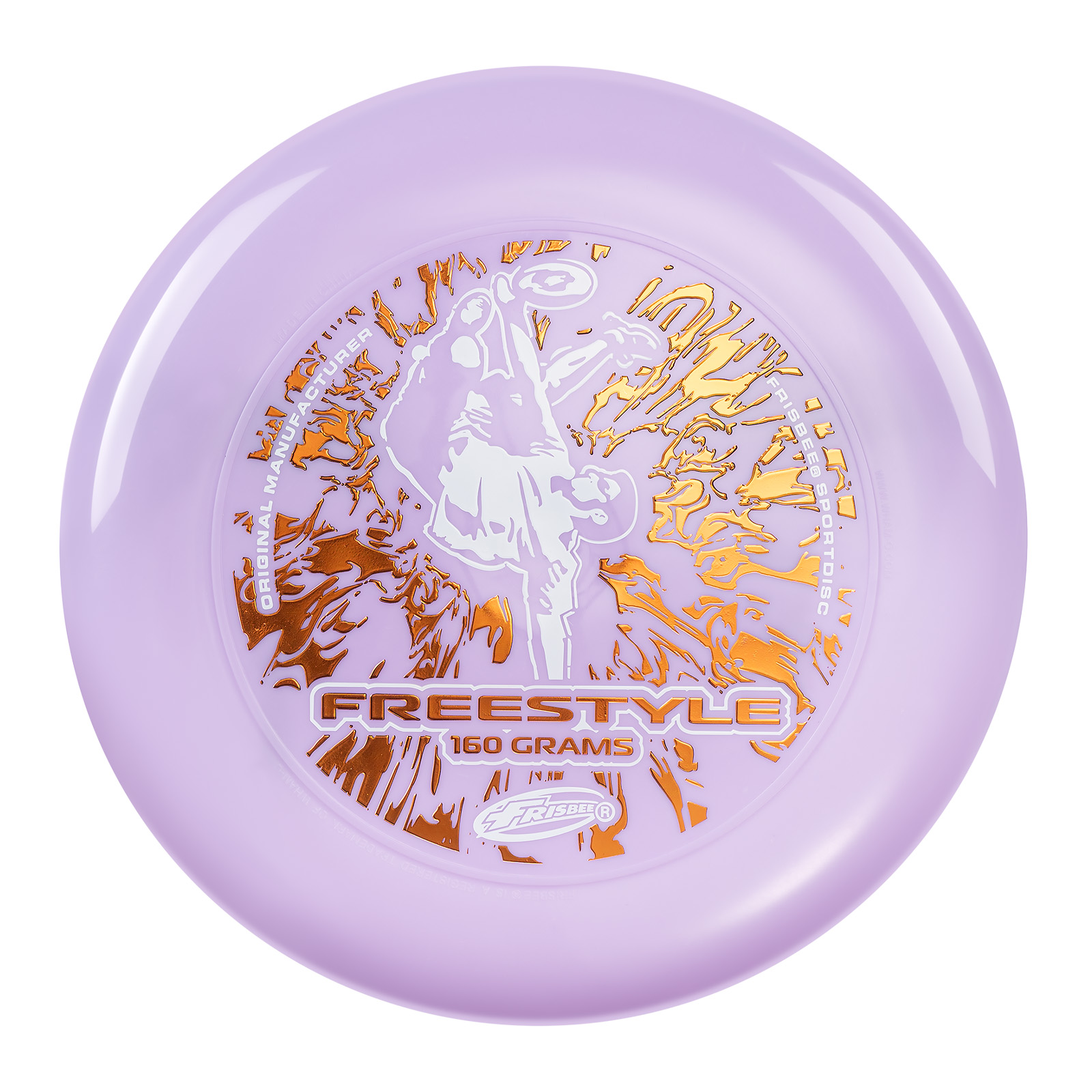 Frisbee viola con grafica dorata. Freestyle e 160 grammi sono scritti davanti.