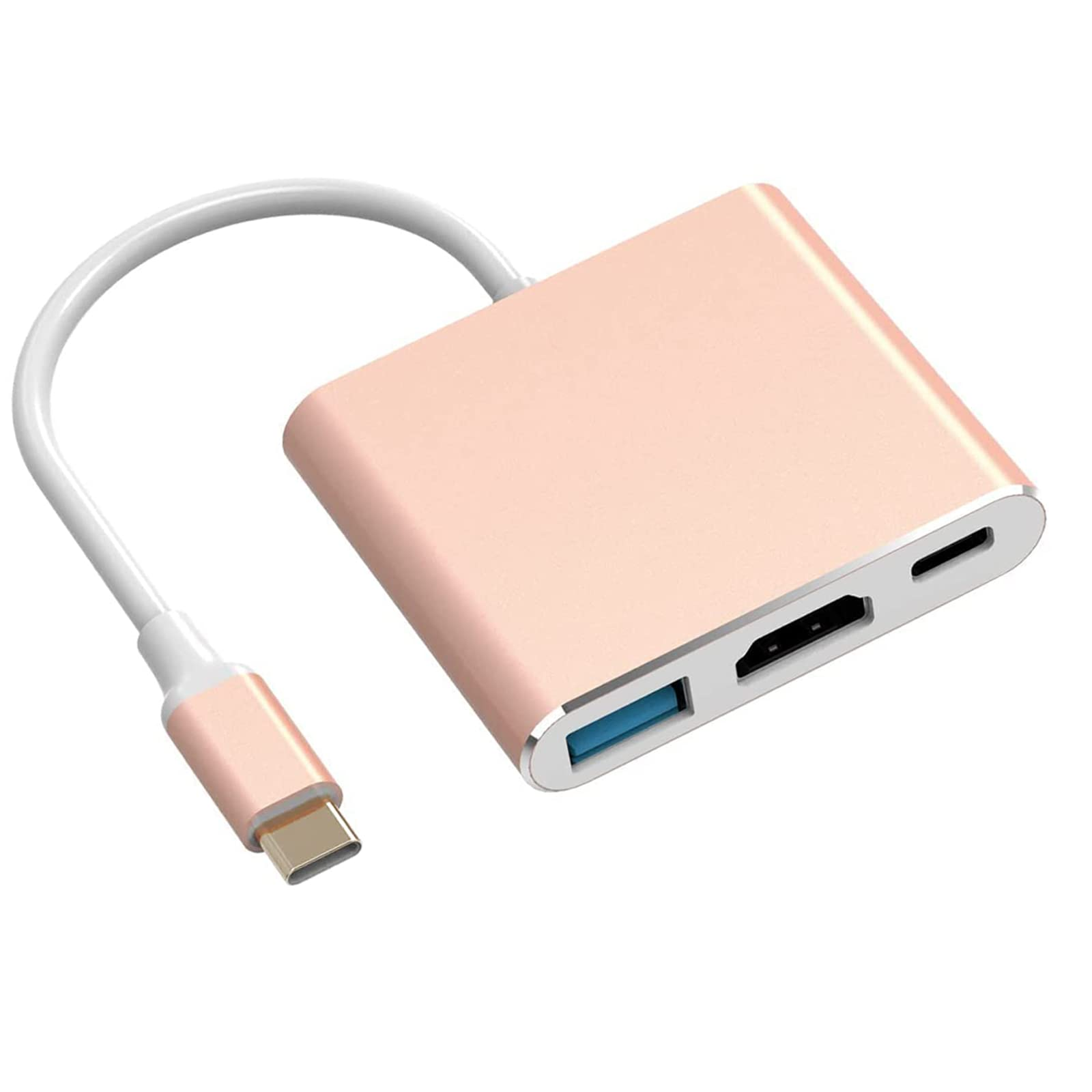 Roségoldener USB-C-Hub mit mehreren Anschlüssen. Es hat ein weißes Kabel und einen USB-C-Anschluss.
