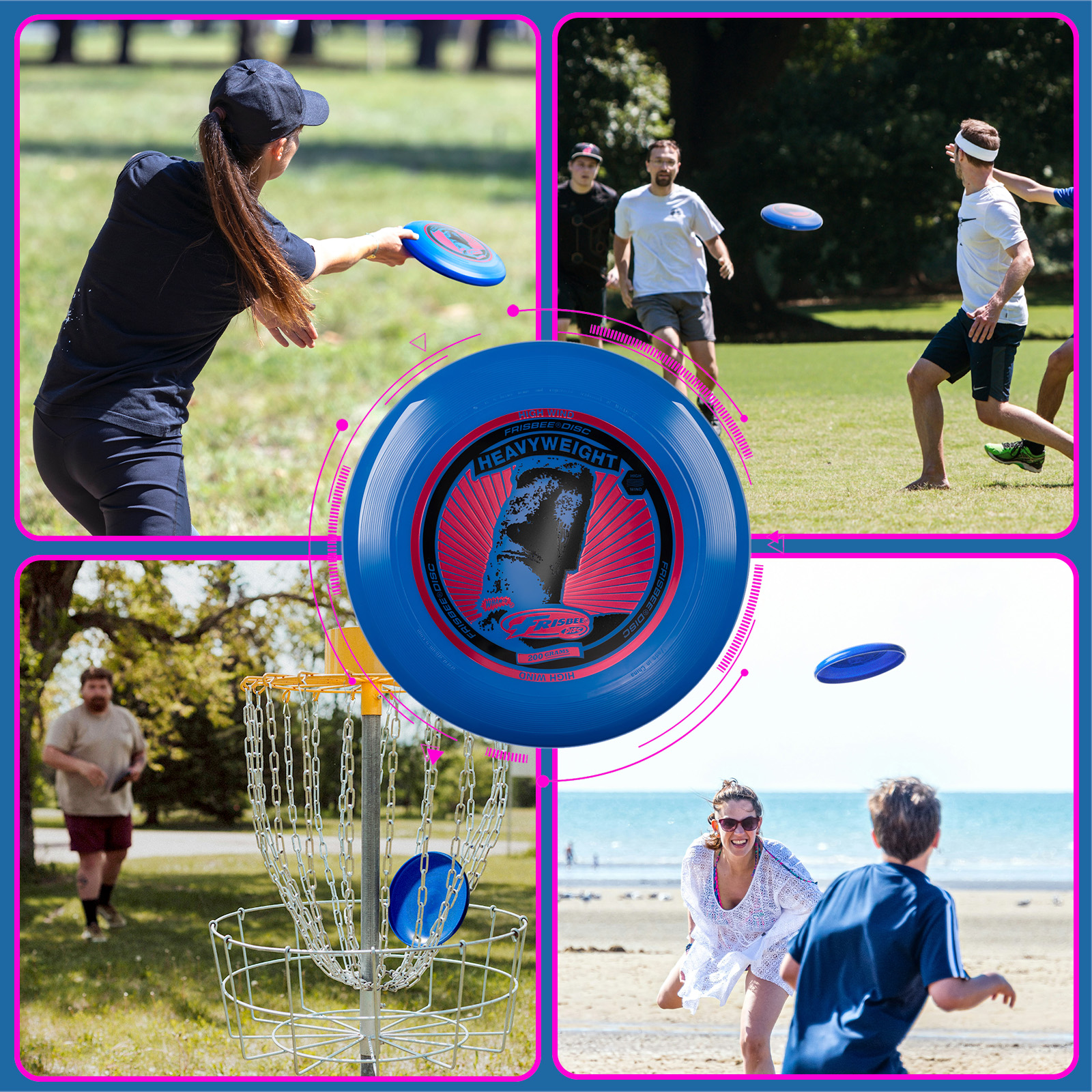 Un collage di persone che giocano a frisbee. C'è un frisbee blu in mezzo. Le persone sono su una spiaggia.