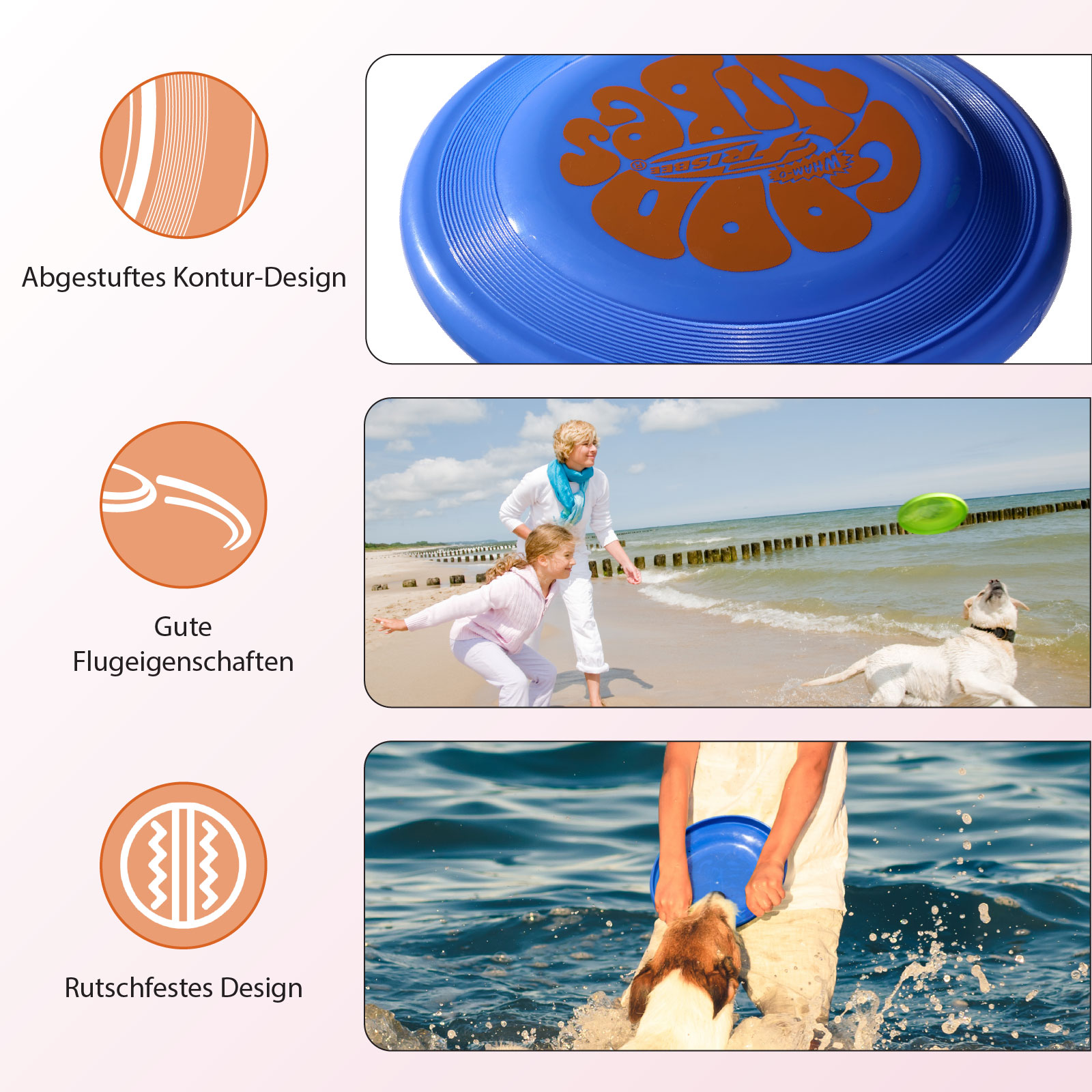 Frisbee mit blauer Farbe. Bilder zeigen Design, Flug und Verwendung. Text: Rutsches Design.
