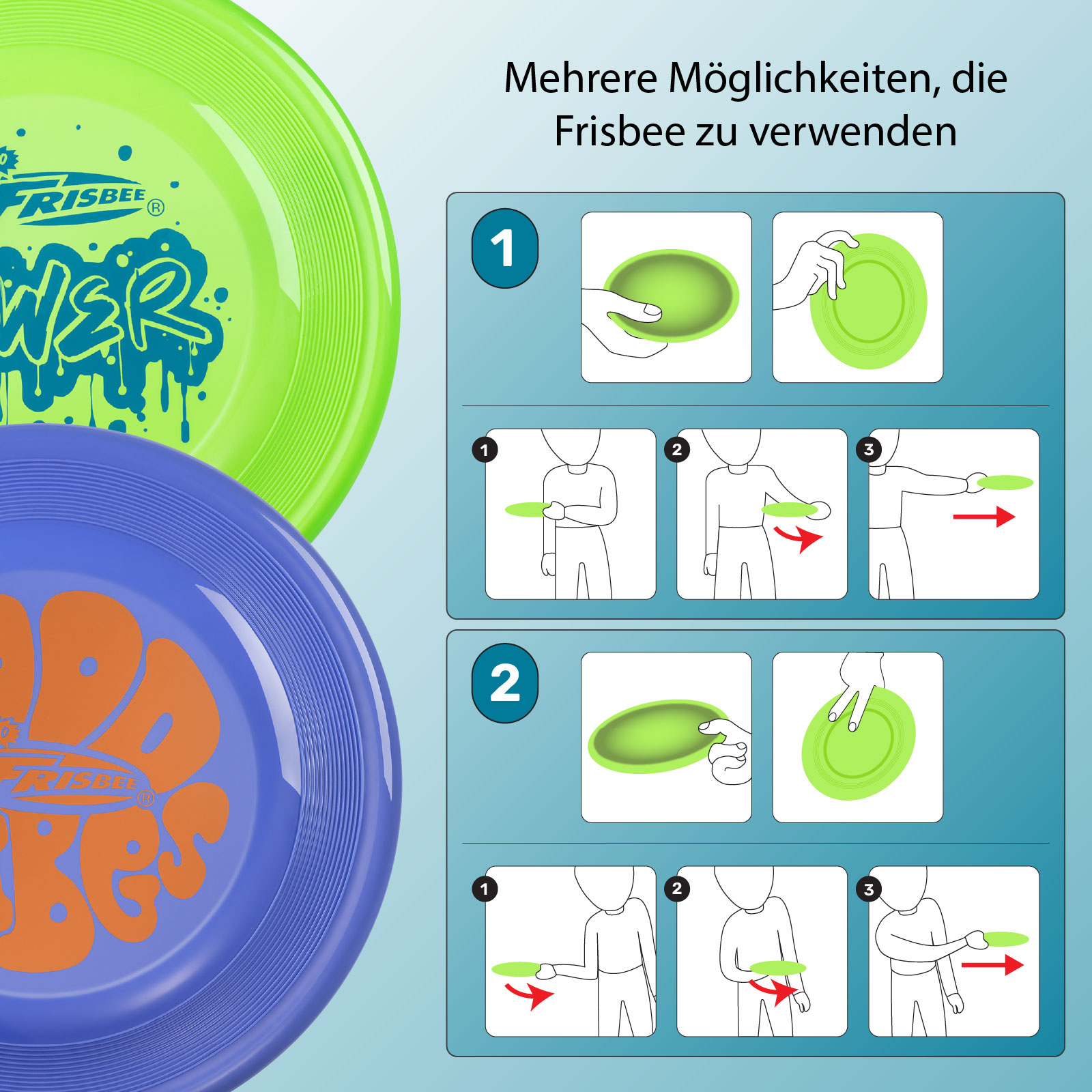 Frisbees in Grün und Blau, mit Gebrauchsanweisung. Ein Diagramm zeigt, wie man die Scheibe hält und wirft.