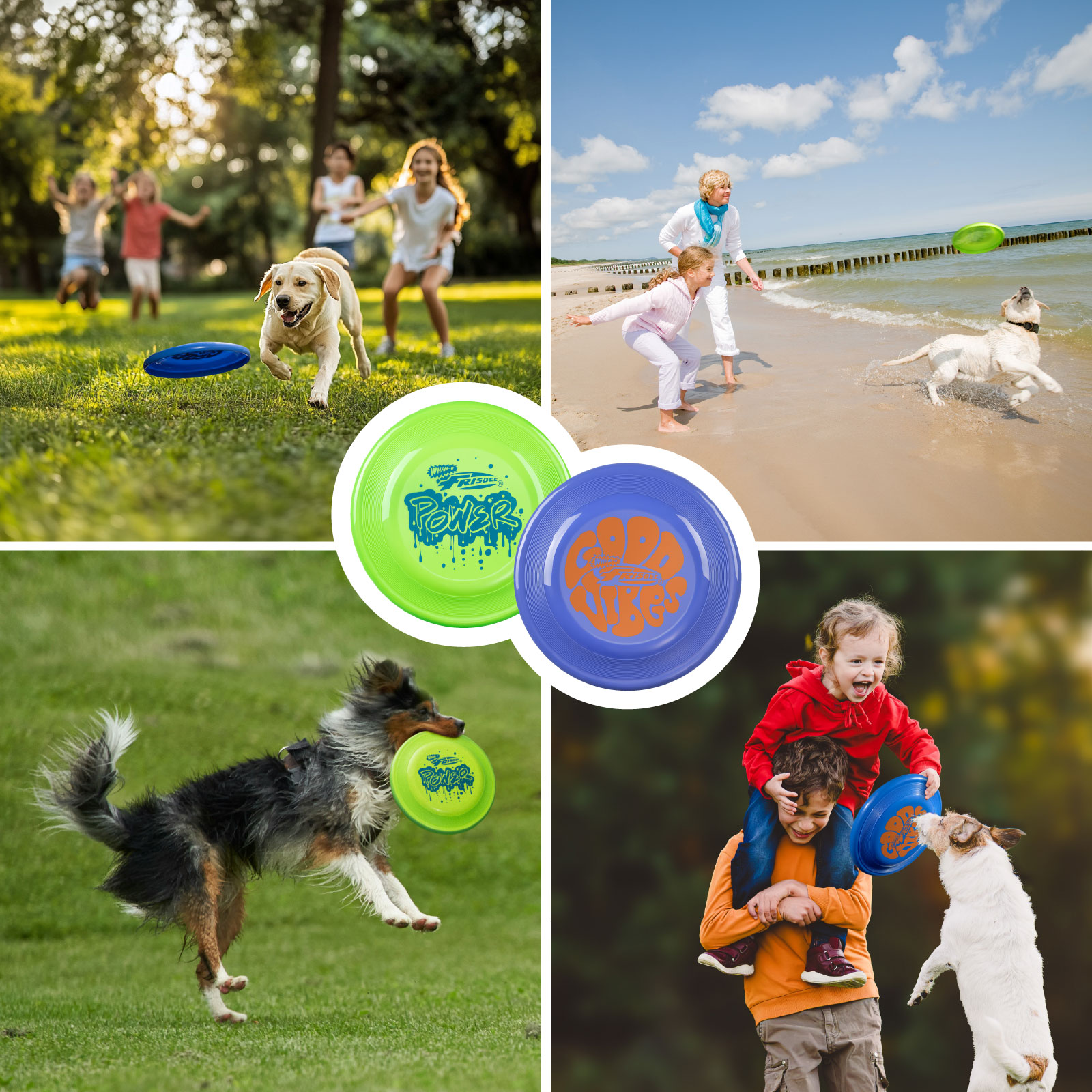 Verschiedene Bilder mit Frisbees. Menschen und Hunde spielen mit Frisbees. Verschiedene Farben.
