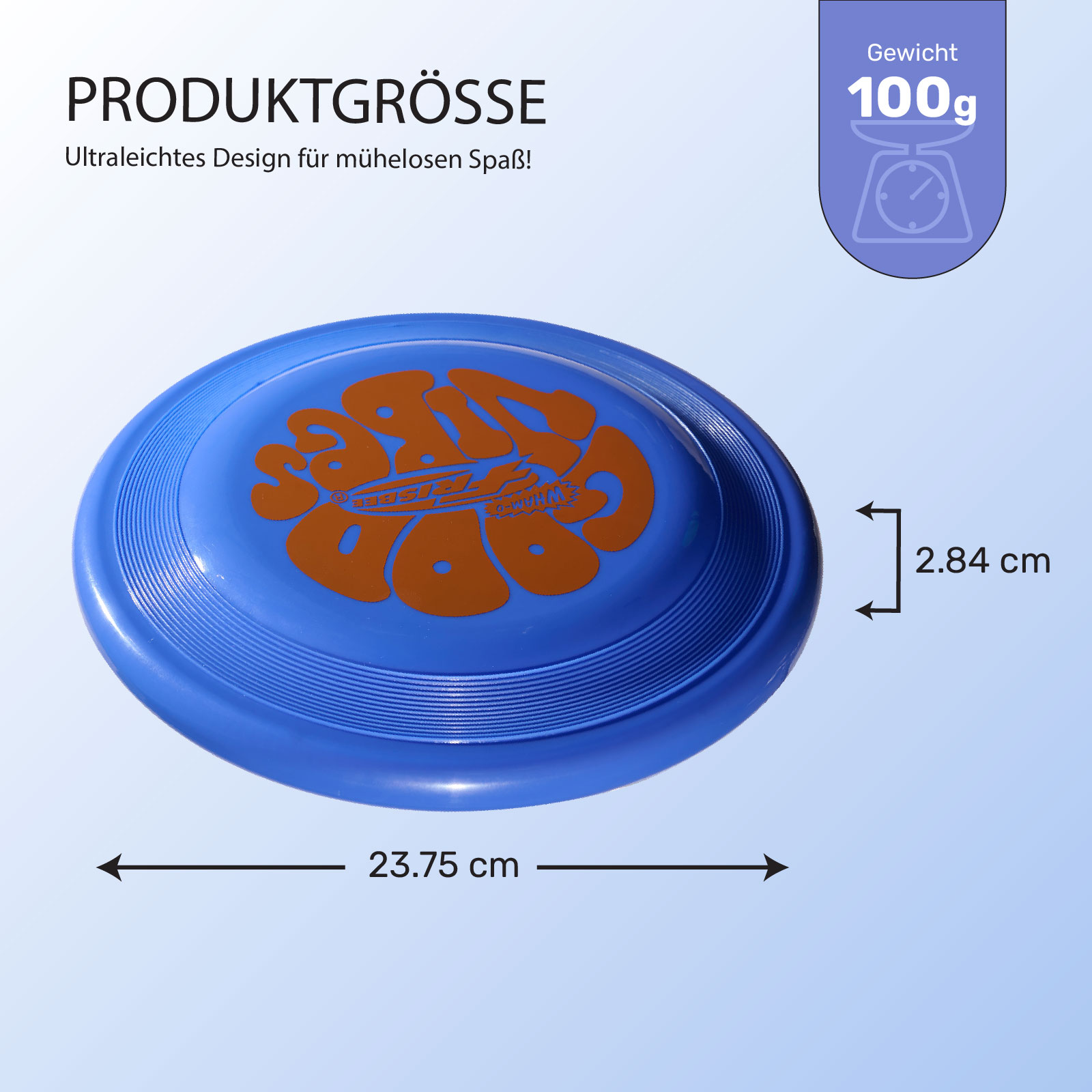 Blauer Frisbee mit braunem Logo. Abmessungen: 23,75 cm Durchmesser, 2,84 cm Höhe. Gewicht: 100g.