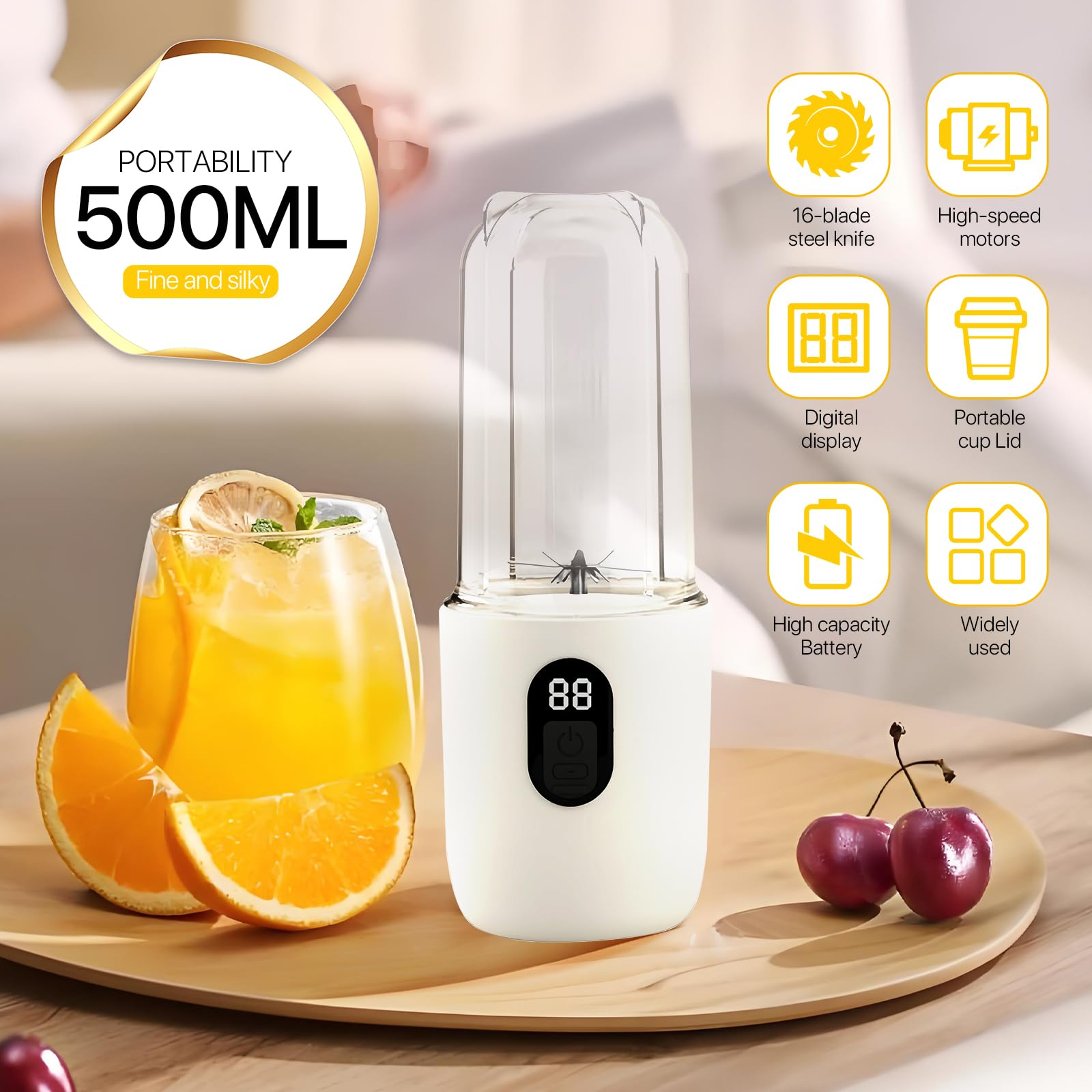 500ml Mixer mit Orangensaft und Obst. Text: Portabilität. Merkmale: 16-Klingen-Stahlmesser.
