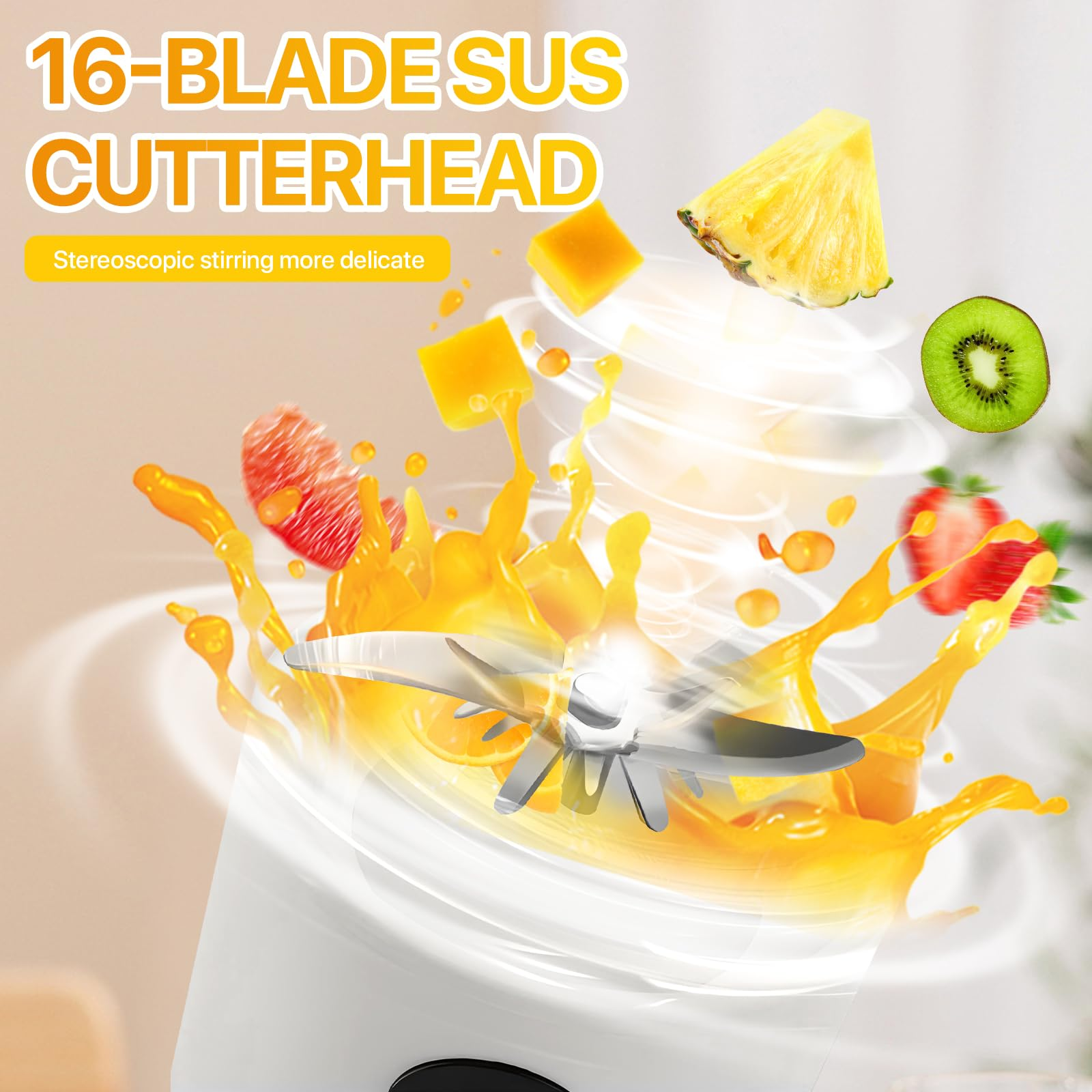Ein Mixer mit Fruchtstücken und spritzendem Saft. Text: '16-BLADE SUS CUTTERHEAD', 'Stereoskopisches Rühren zarter'.