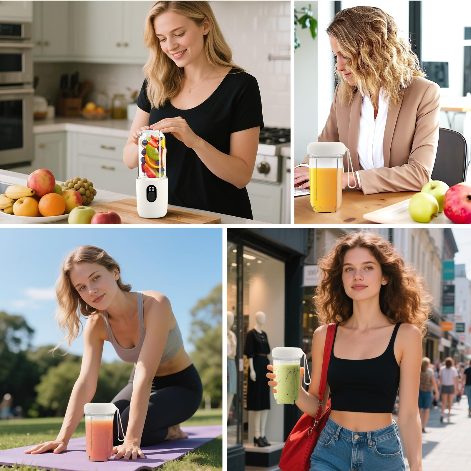 Vier Bilder mit Mixern und Frauen. Eine Frau in der Nähe eines Mixers, drei andere benutzen den Mixer.