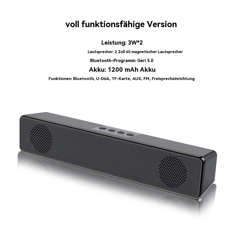 Schwarzer Lautsprecher mit Details zu Bluetooth, Akku und Funktionen. Text: Voll funktionsfähige Version.