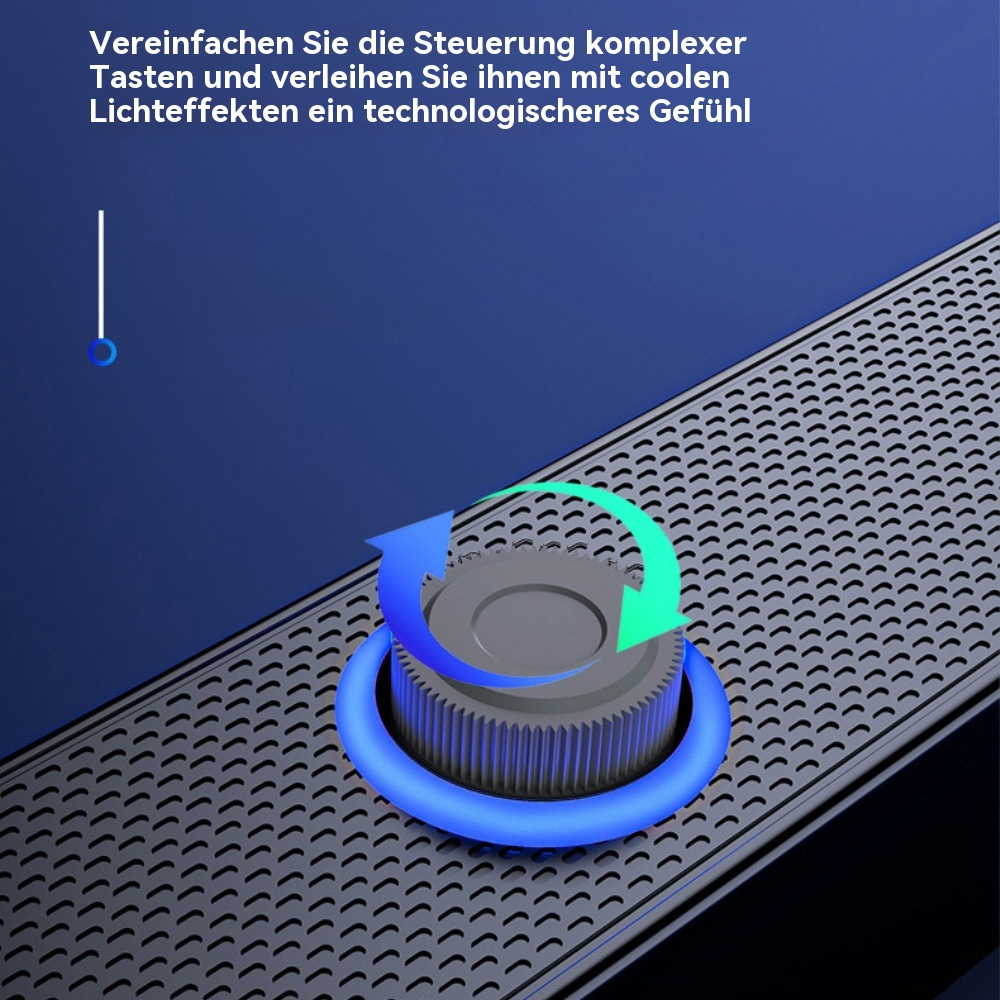 Ein blaues und graues zahnradartiges Knopf mit blauen Pfeilen auf einer strukturierten, dunkelgrauen Oberfläche.