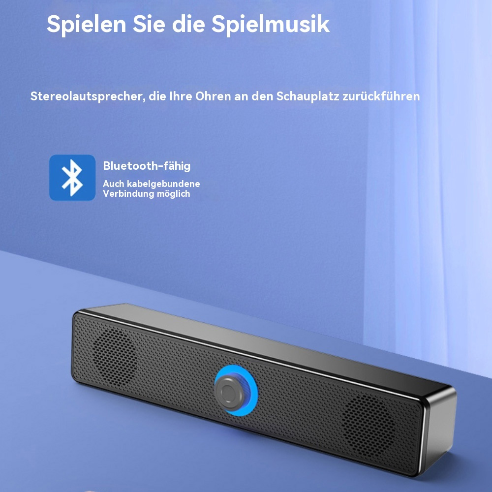 Schwarze Soundbar mit blauem Licht. Text lautet: Spielen Sie die Musik. Auch Bluetooth und Kabelanschluss.