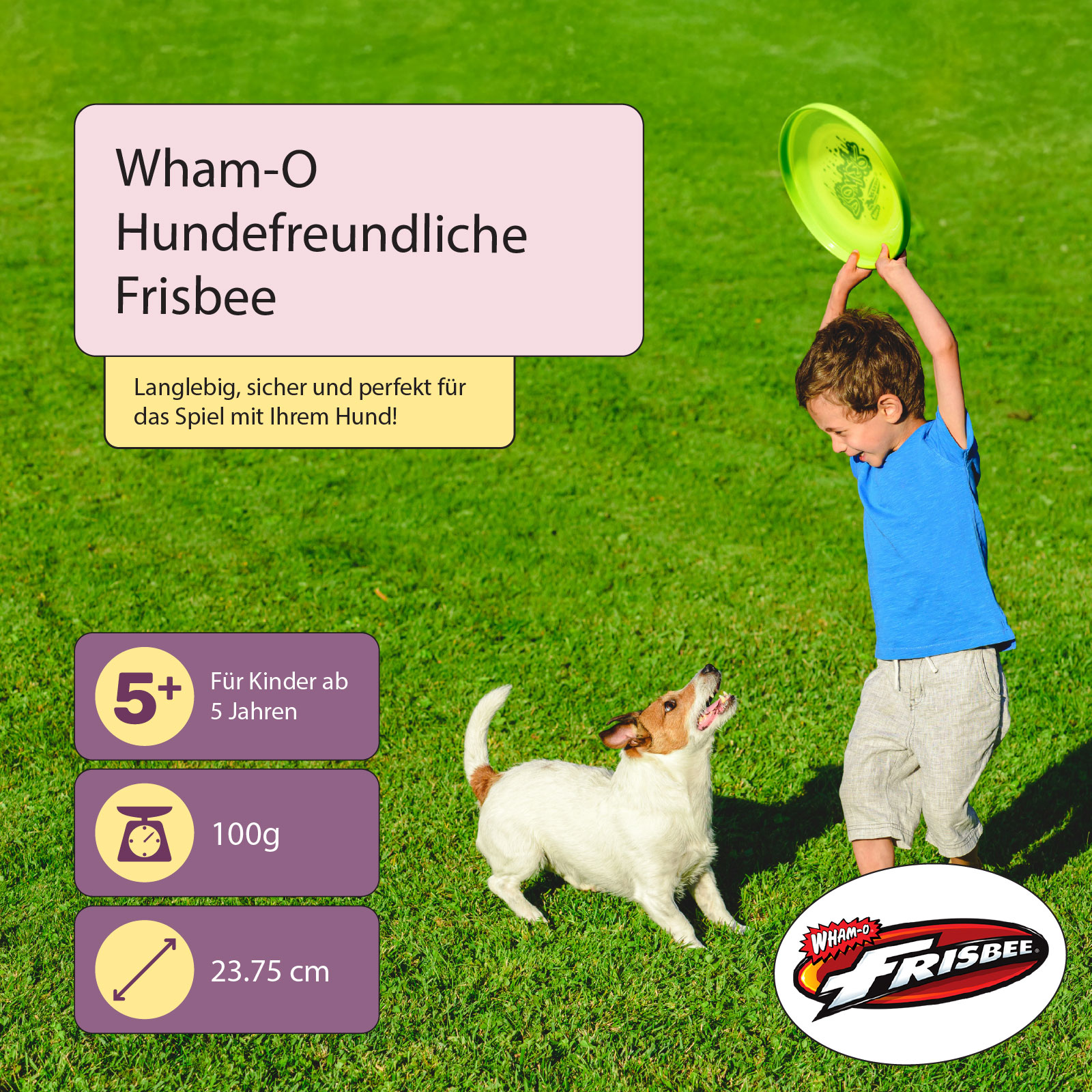 Ein Junge und ein Hund spielen Frisbee auf Gras. Text beschreibt Frisbee als langlebig und sicher für Hunde.