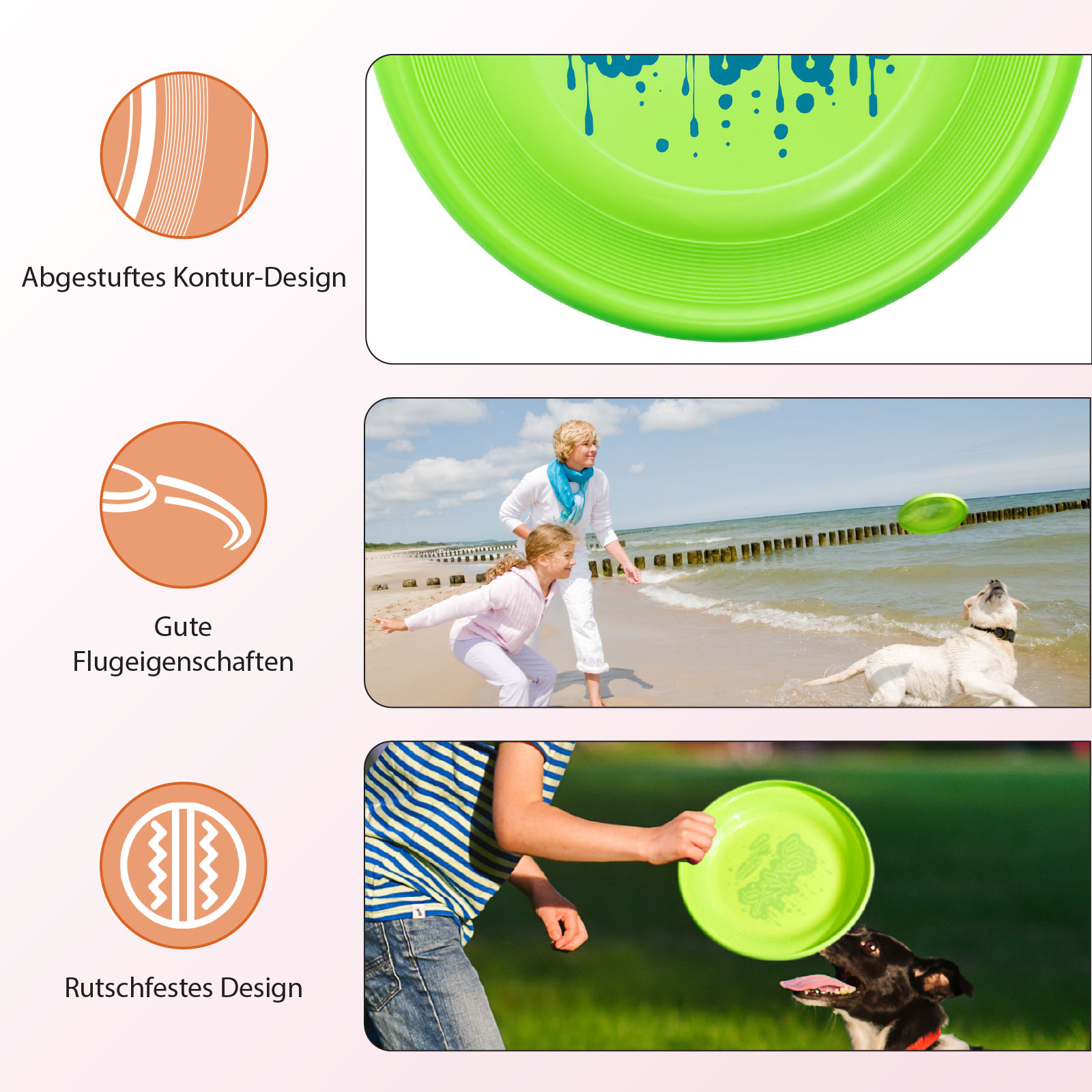Grüne Frisbee mit blauem Text. Drei Bilder zeigen Frisbee-Details und -Verwendung: Strandwurf, Hundefang und Wurf.