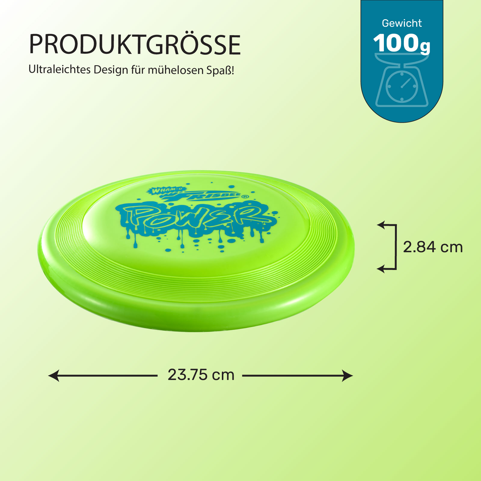 Grüne Frisbee mit blauem Text, Produktabmessungen: 23,75 cm Durchmesser, 2,84 cm Höhe und ein Gewicht von 100 g.